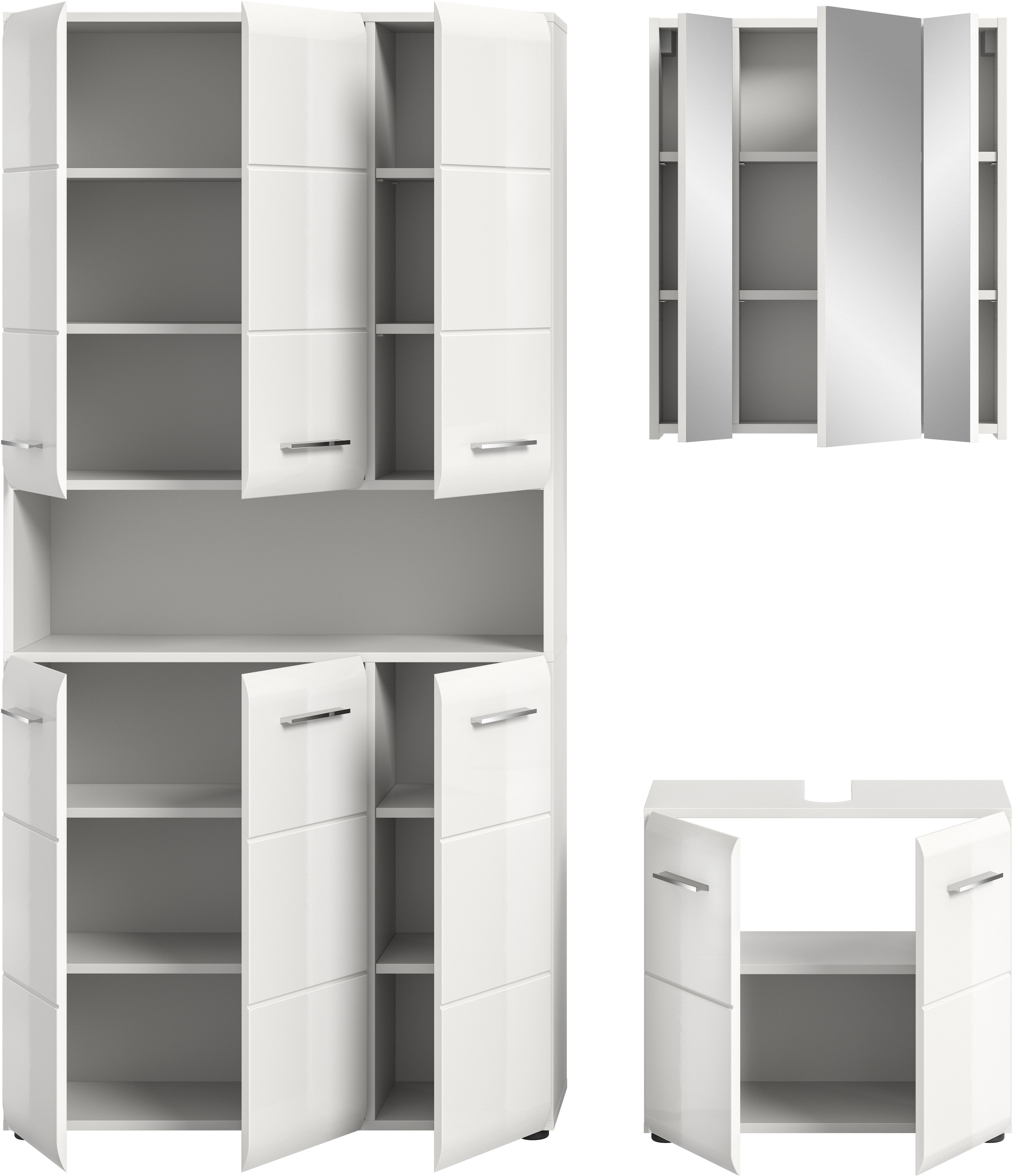 INOSIGN Badezimmer-Set, (Set, 4 St.), Florenz, Badkombination 3-tlg., Weiß hochglanz, Mehrzweckschrank