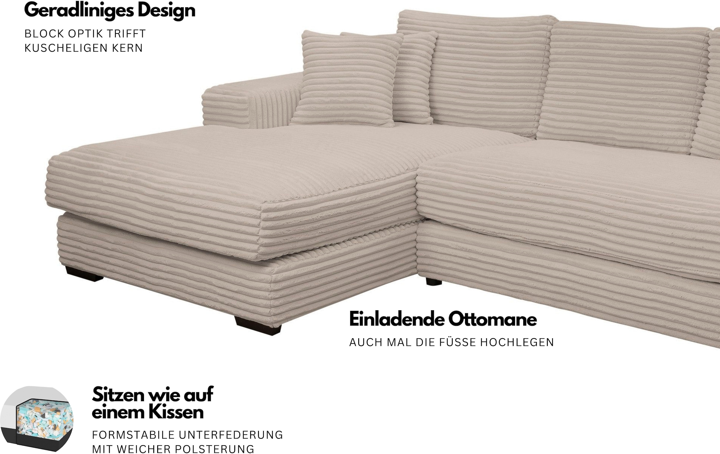 WERK2 Ecksofa »Eden modern und zeitlos, geschmackvolles Sofa, Breite 286cm, L-Form« Design Ecksofa in Cord mit besonders weichem Sitzkomfort