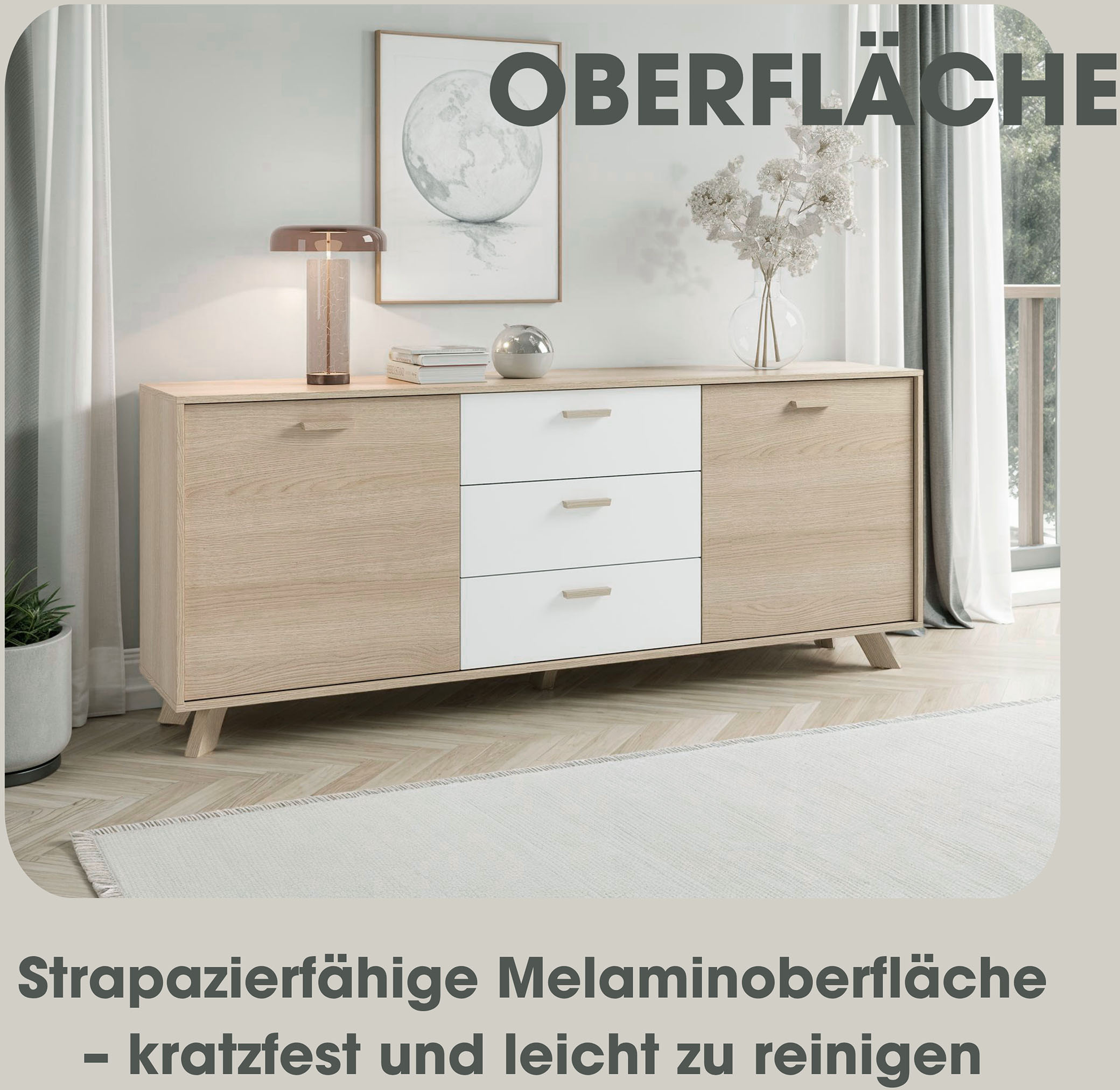 Thumbnail - byLIVING Sideboard "Bastian" 1 Stk. tlg. mit massiven Holzfüßen und Griffen, natürlicher Eichenlook, 180cm