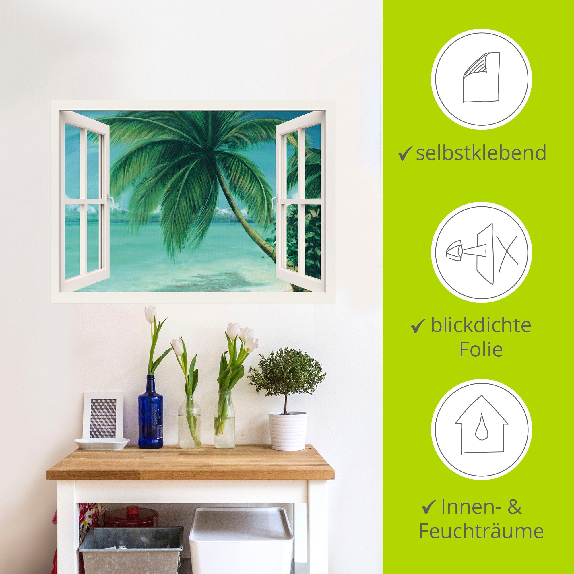 Artland Wandfolie »Fensterblick - Palmenstrand«, Fensterblick, (1 St.), selbstklebend