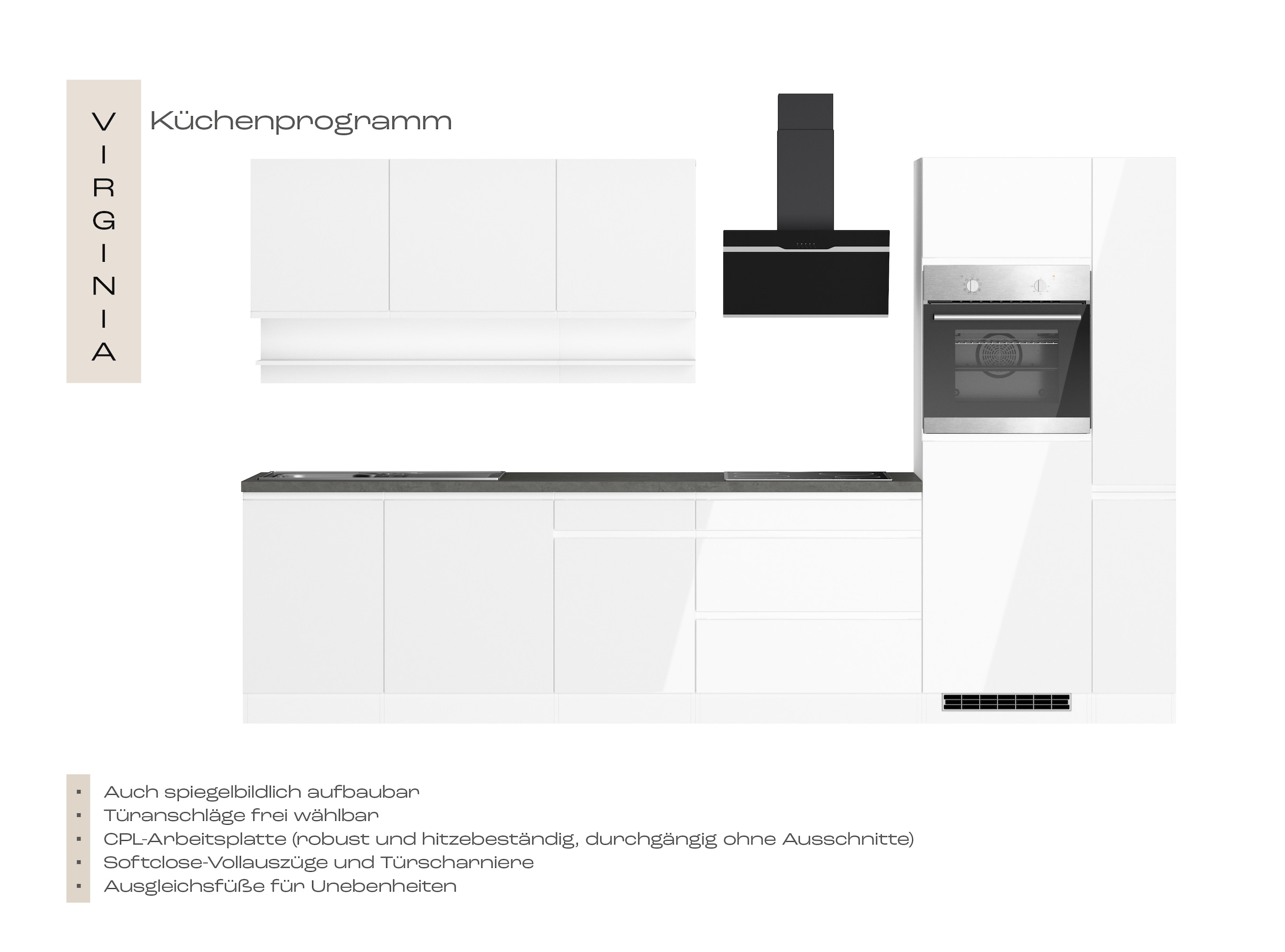 KOCHSTATION Küchenzeile »KS-Virginia,neu in verbesserter Ausführung« Arbeitsplatte 38 mm stark, Stauraum, Softclose,  Breite 330 cm, Soft-Close, ohne E-Geräte