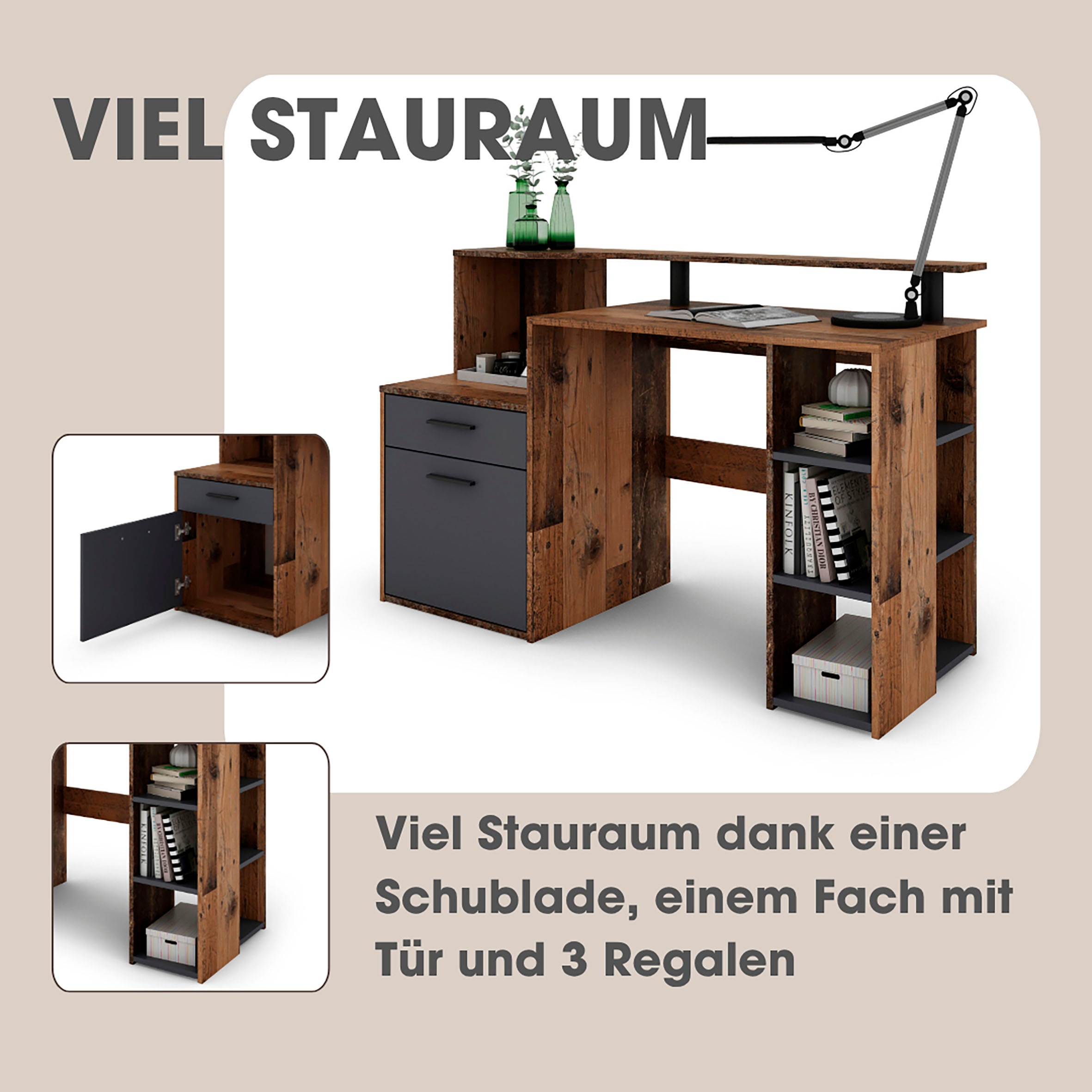 Thumbnail - byLIVING Schreibtisch "Louise" Breite 140 cm, Regal-Schreibtisch mit viel Stauraum