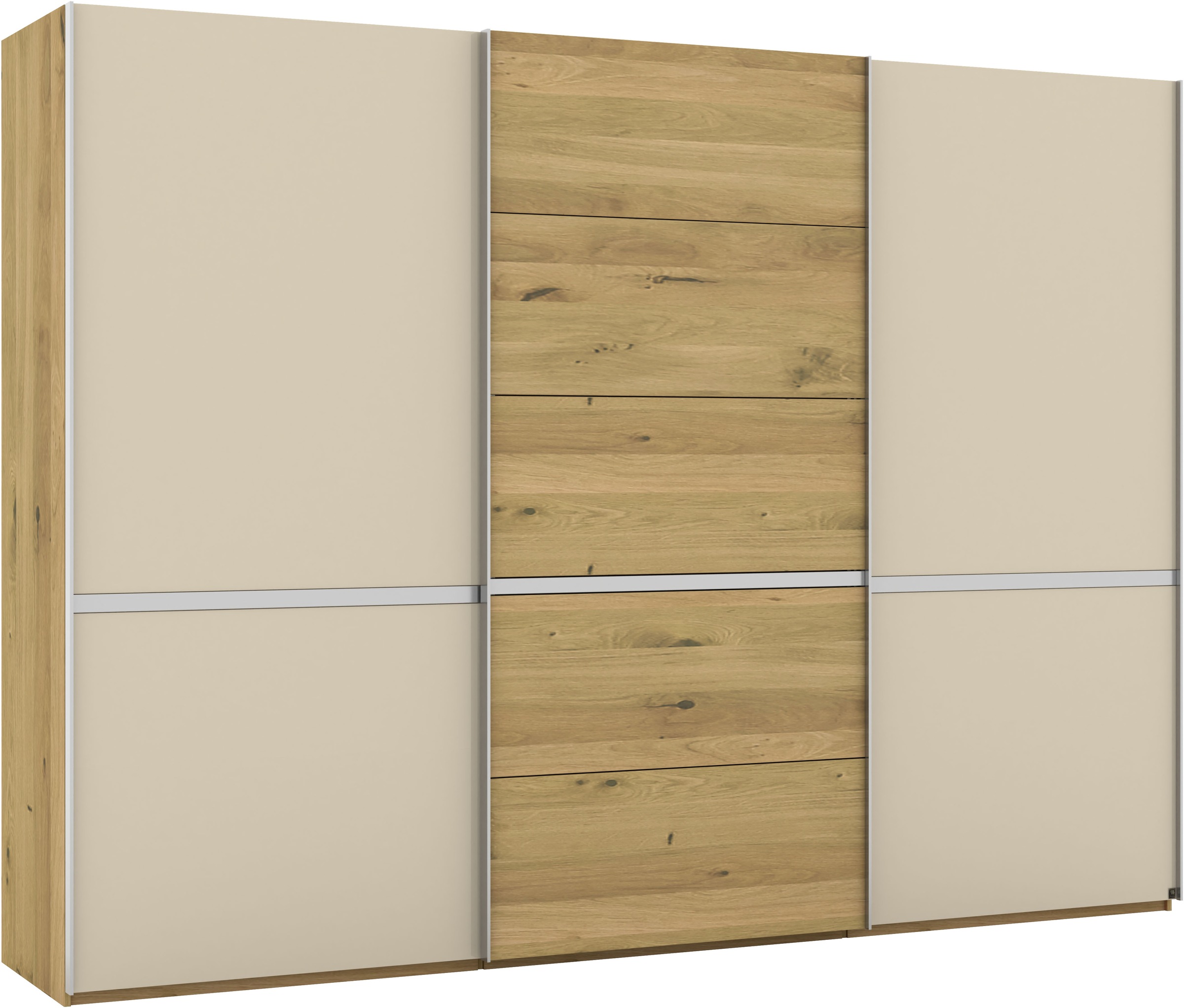 Musterring Schwebetürenschrank »Savona, Kleiderschrank, Schrank, Garderobe, mit Schiebetüren«, (Teilmassiv Bianco-Eiche, mit Spiegel oder Glas, MADE IN GERMANY), Türen Bianco-Eiche massiv, Spiegel-/Glastüren, eingelegte Chromleiste