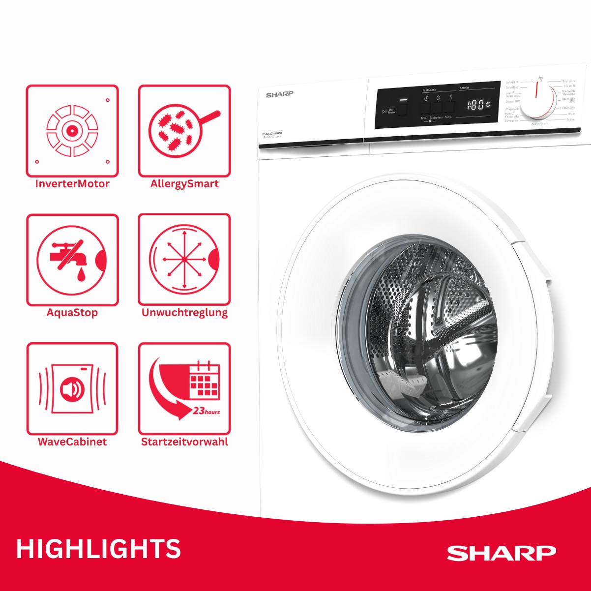 Sharp Waschmaschine »ES-NFA014WWNA-DE« 10 kg 1400 U/min AllergySmart für Allergiker: Entfernt bestimmte Allergene & Bakterien