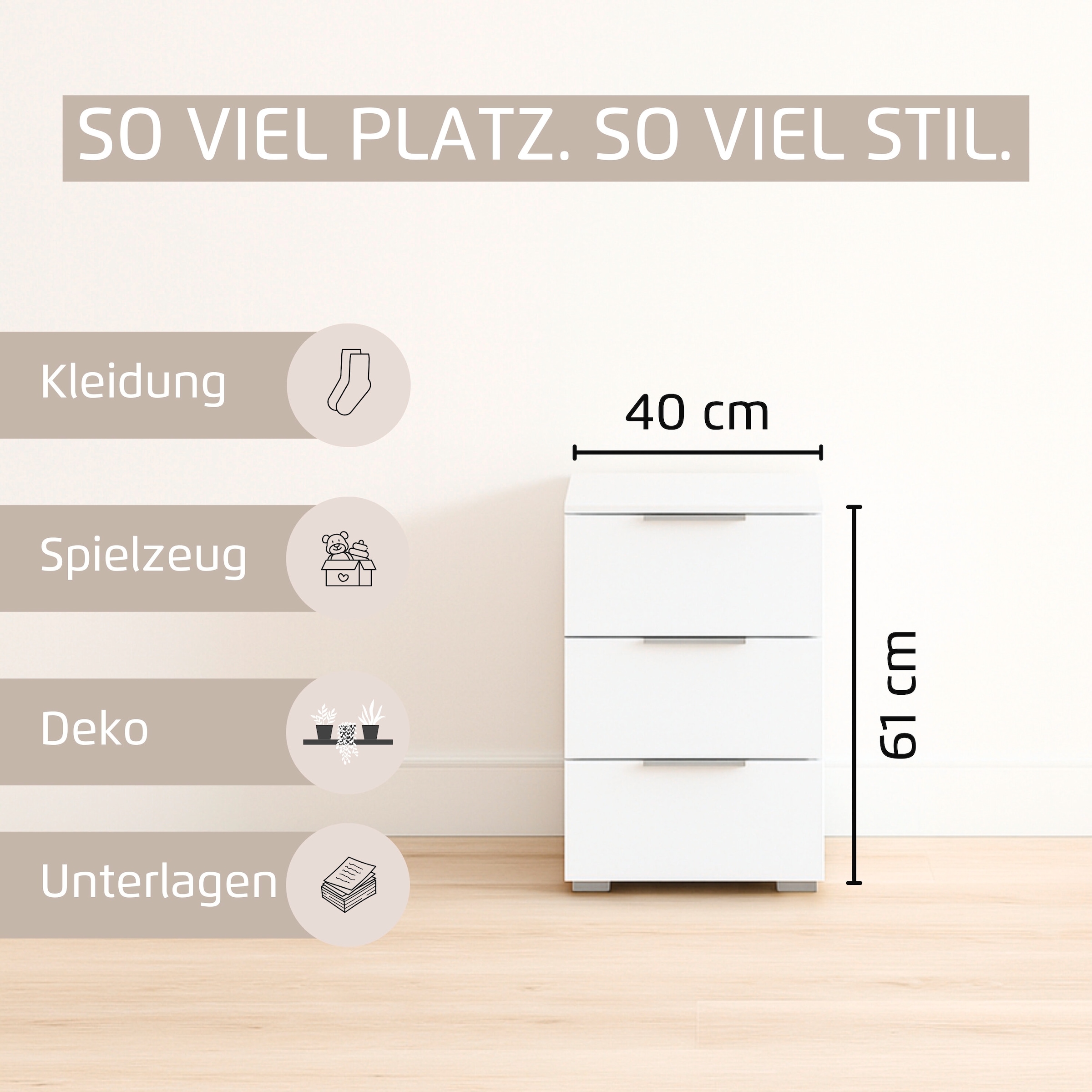 rauch Nachtkommode »Nachttisch Nachtkonsole CORTONA mit Dekor-Front« Breite 40 cm inkl. Soft-Close-Funktion,  mit 3 geräumigen Schubladen, Kantengriff aus Metall MADE IN GERMANY