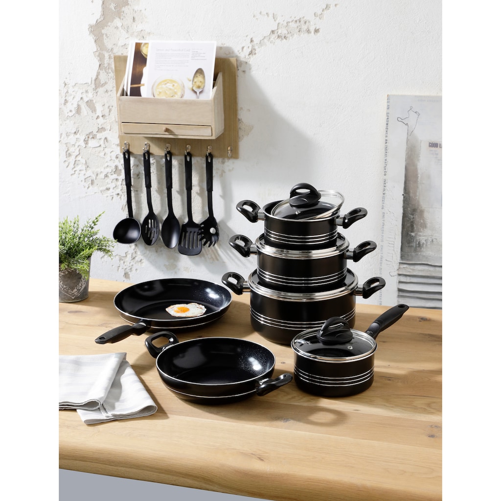 GSW Topf-Set »Milano Nero«, Aluminium, (Set, 15 tlg., je 1 Kochtopf 16/20/2 cm, 1 Stielkasserolle 16cm, je 1 Pfanne 24/28cm)