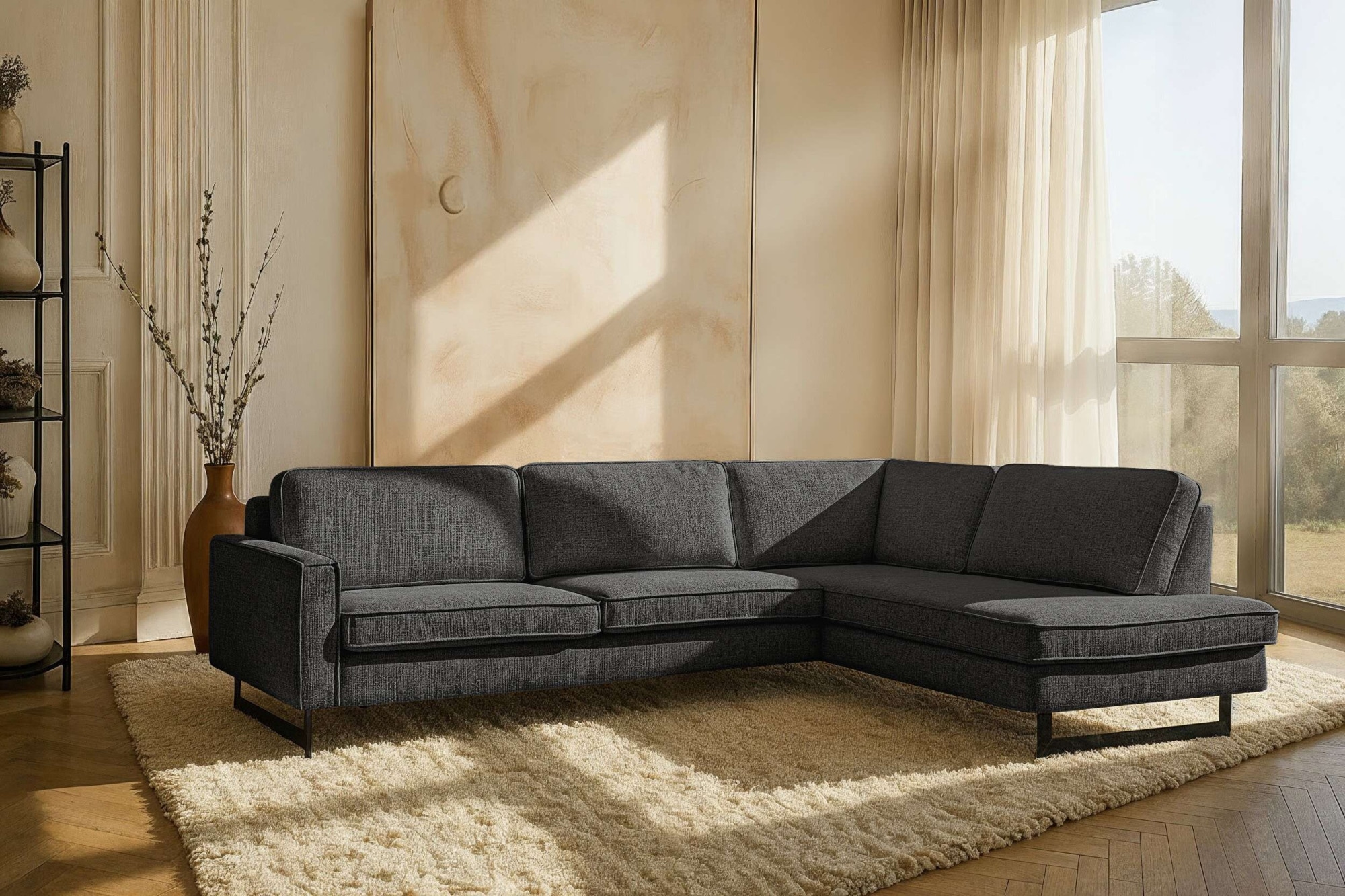 OTTO home Ecksofa "Pinto, 290 cm, Cord, Chenille, Lederoptik, Ottomane links / rechts" mit Keder, schwarze Metallfüße, Wellenunterfederung