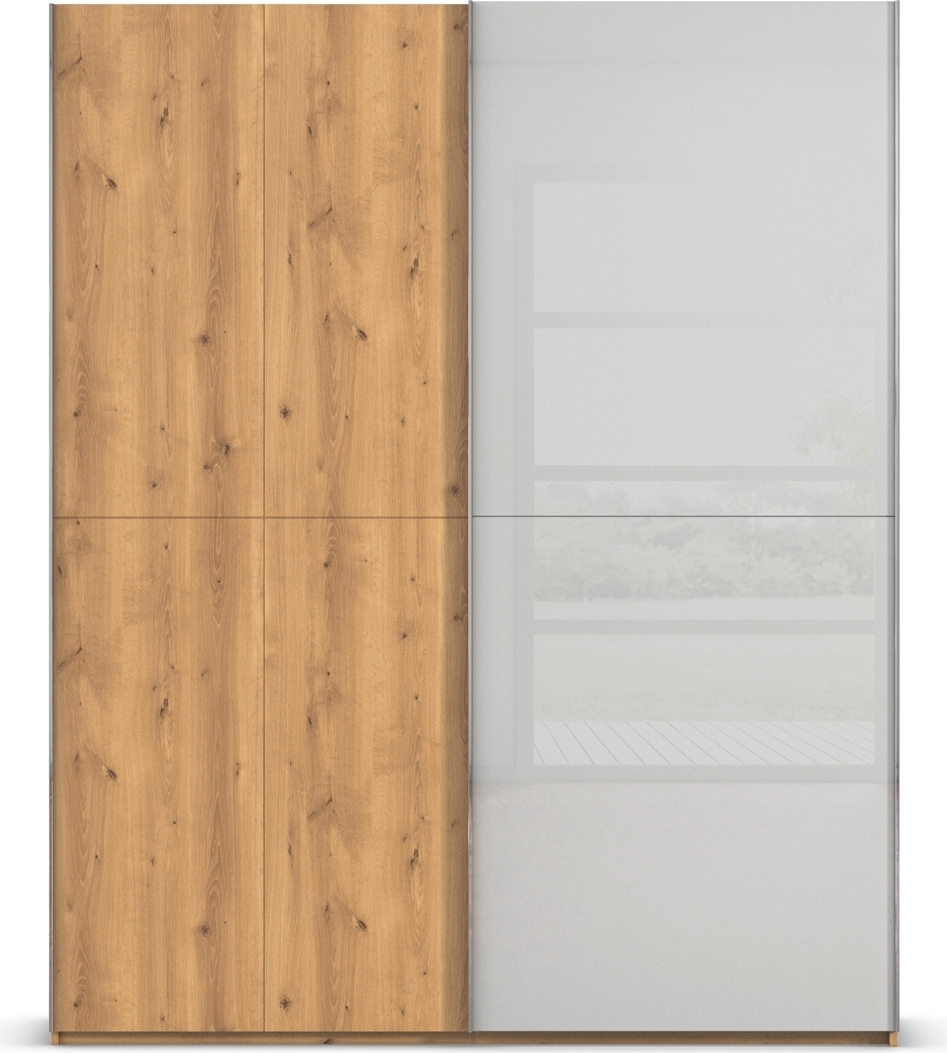 rauch Schwebetürenschrank »Kleiderschrank Schrank Garderobe Schlafzimmerschrank SCALE-WOOD« edle geteilte Front in massiver Asteiche mit Glastüren MADE IN GERMANY