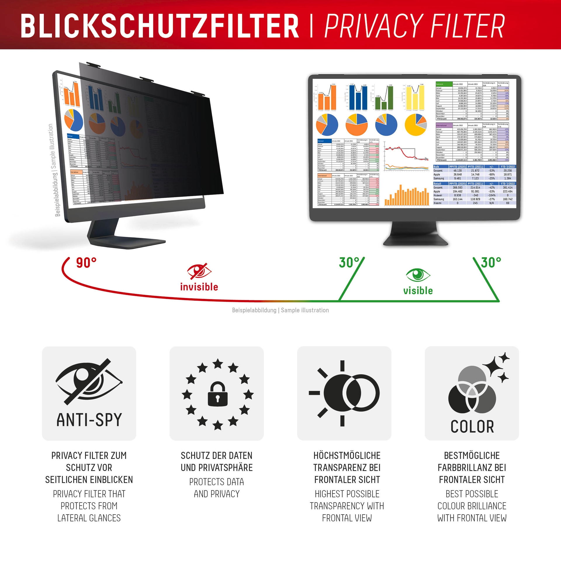 Displex Displayschutzfolie »Privacy Safe Blickschutzfilter«, für Universell für Monitore mit 21,5 (16:9), Blickschutzfolie, Schutzfolie, Bildschirmschutz, kratz- & stoßfest