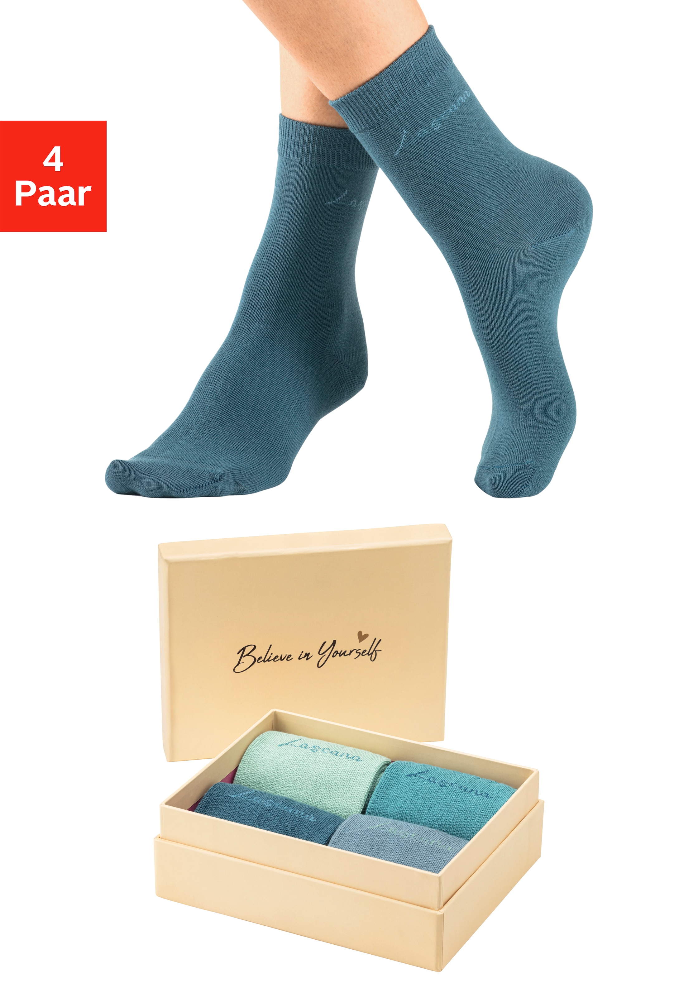 LASCANA Basicsocken, (Box, 4 Paar), in ansprechender Geschenkbox