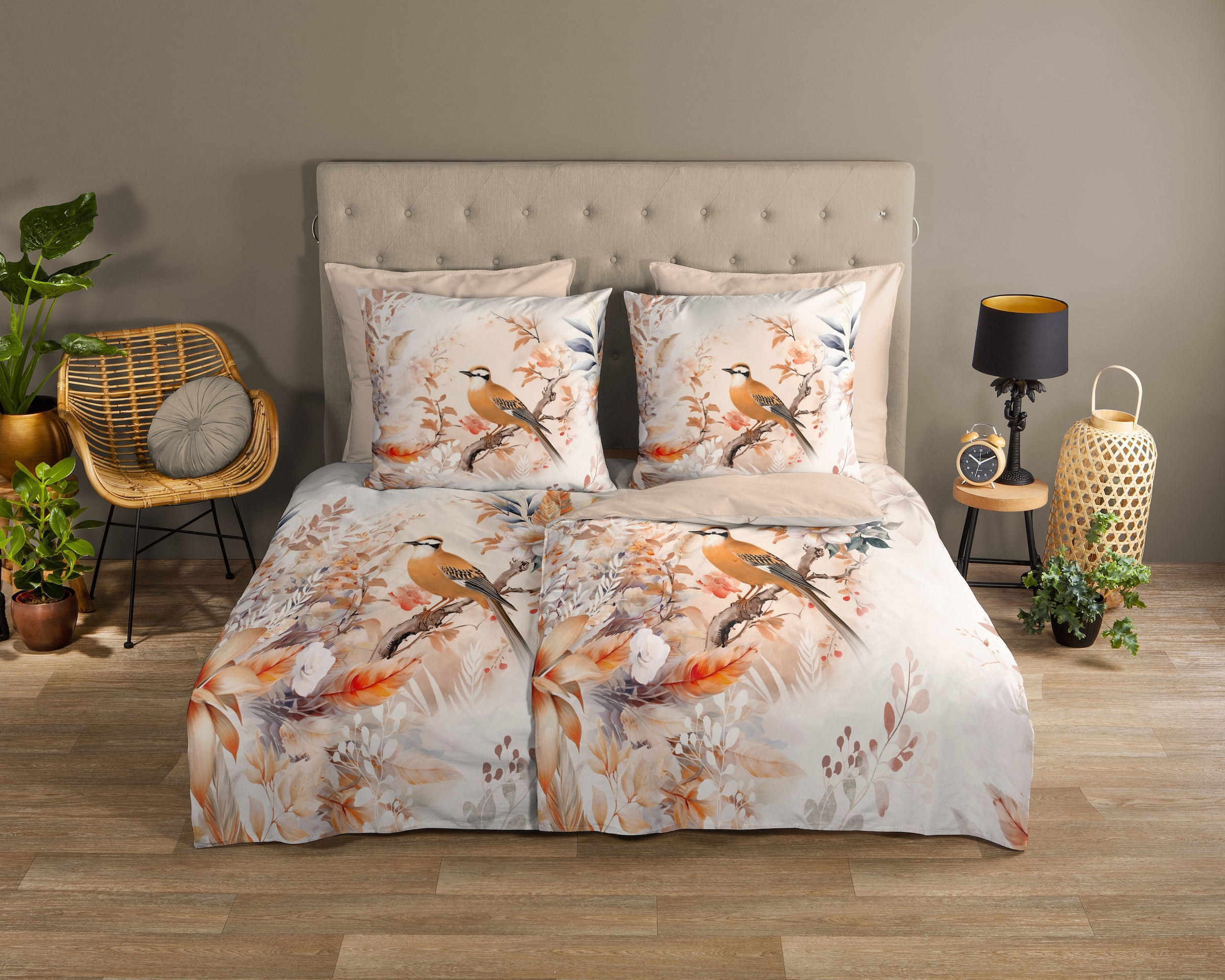 good morning Wendebettwäsche »Gloria«, Baumwolle, Renforcé, Reißverschluss, Wendeoptik, Blumen, Vogel, Natur