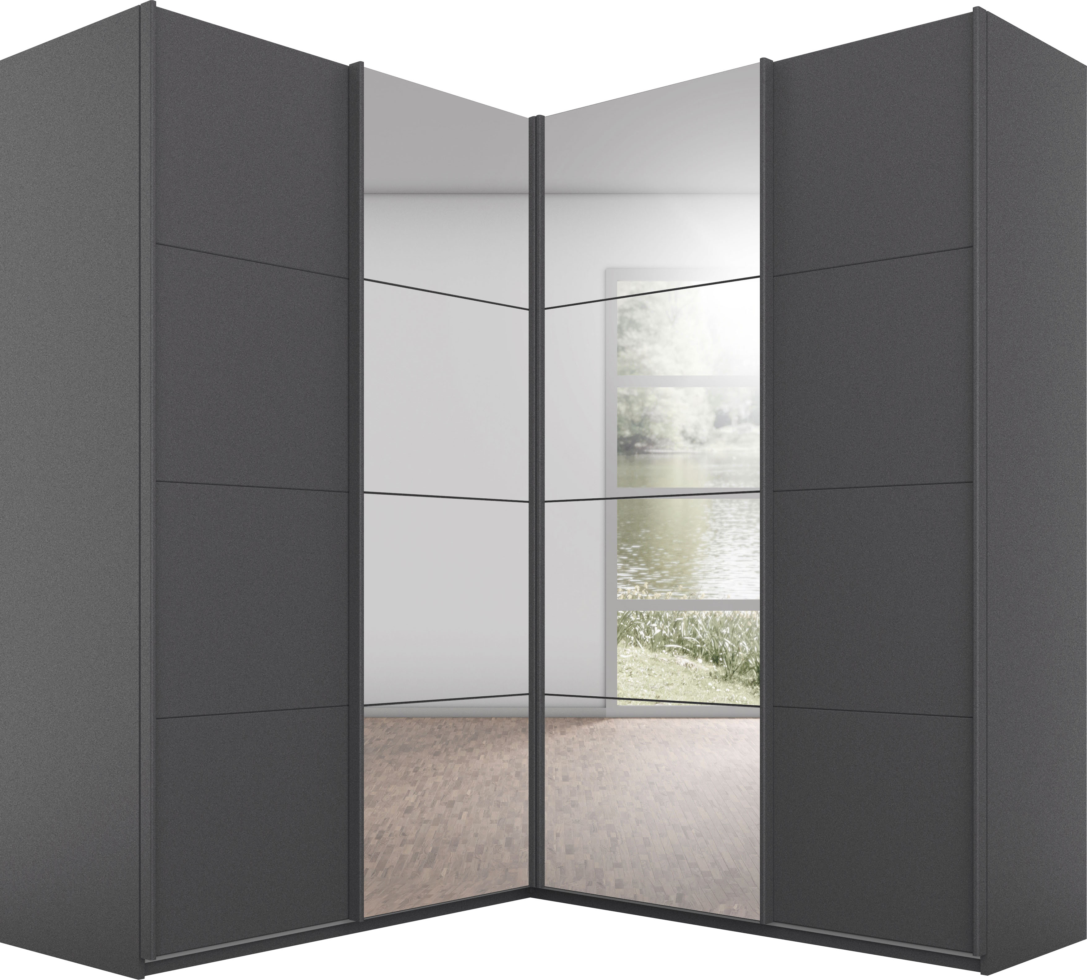rauch "Schrank Garderobe Eckkleiderschrank QUADRA Front in Dekor/Hochglanz" in den Höhen 210/229 cm, inkl. Soft-Close-Funktion, großer Eckschrank mit viel Stauraum, Maß 181x187 cm MADE IN GERMANY