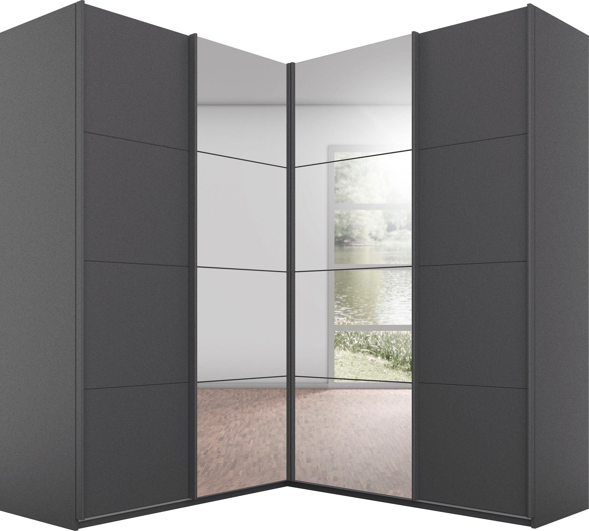 rauch Schwebetürenschrank "Schrank Garderobe Eckkleiderschrank QUADRA Front in Dekor/Hochglanz" Maß 181x187 cm, Höhen 210/229 cm, inkl. Soft-Close-Funktion, extra großer Eckschrank inkl. Schubladeneinsatz MADE IN GERMANY
