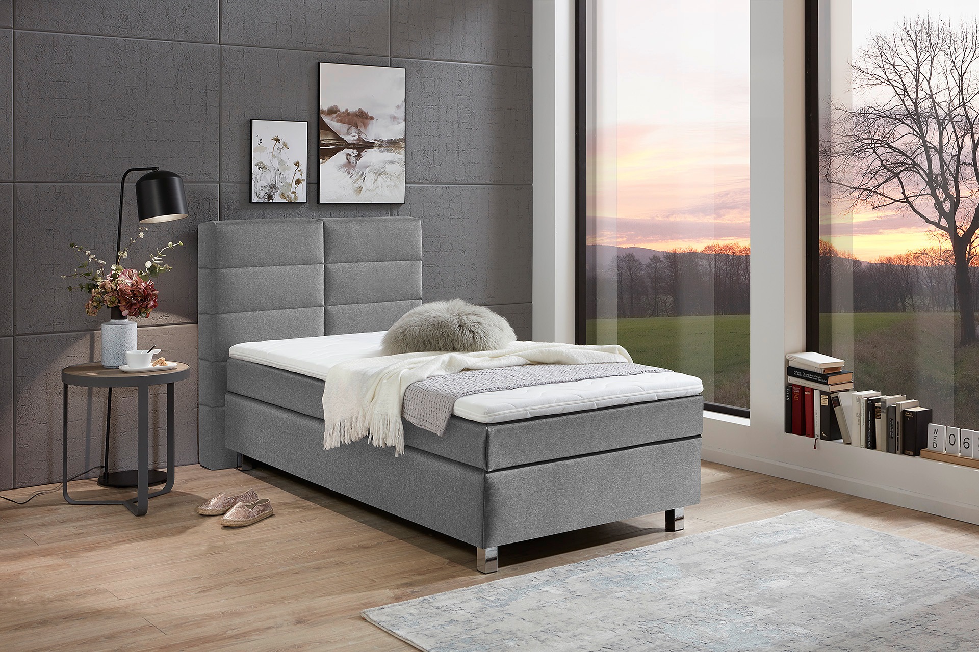 Boxspringbett, grau, B:105cm L:210cm, Bezug: 100% Polyester;Polsterung: 100% Polyester, WESTFALIA SCHLAFKOMFORT, Komplettbetten, Boxspringbett, wahlweise mit Kaltschaum-Topper 6
