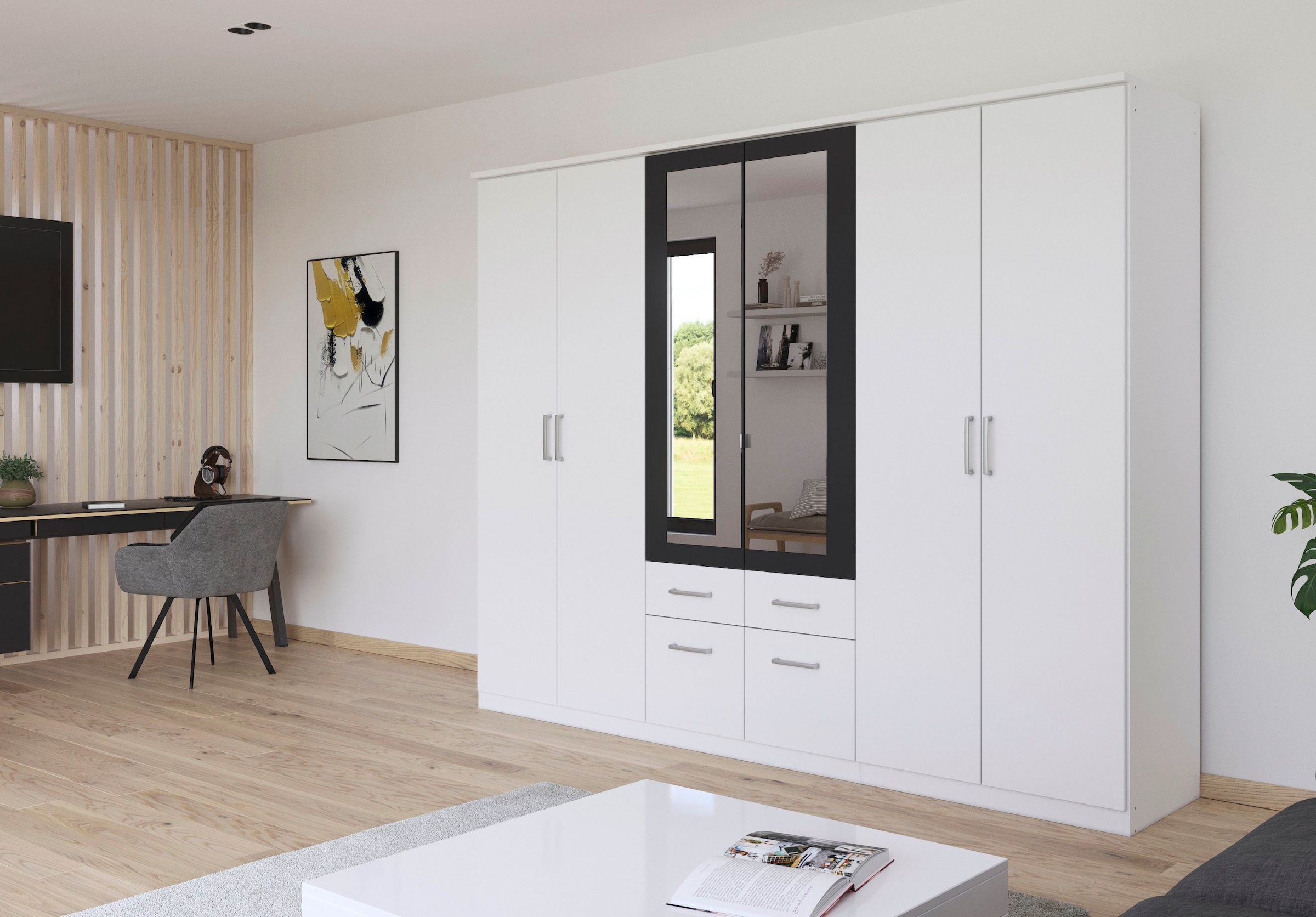 rauch Kleiderschrank »Drehtürenschrank Schrank Garderobe BURANO«, mit Schubladen und Spiegelumrandung in Farbabsetzung MADE IN GERMANY