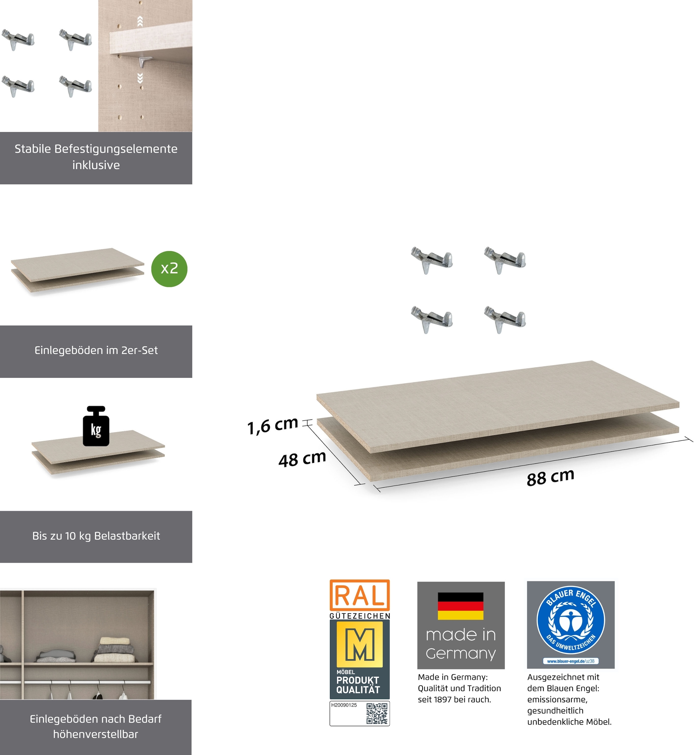 rauch Einlegeboden »Zubehör für Rauch-Schwebetürenschränke ORANGE«, 2er-Set Breite 88 cm, Tiefe 48 cm