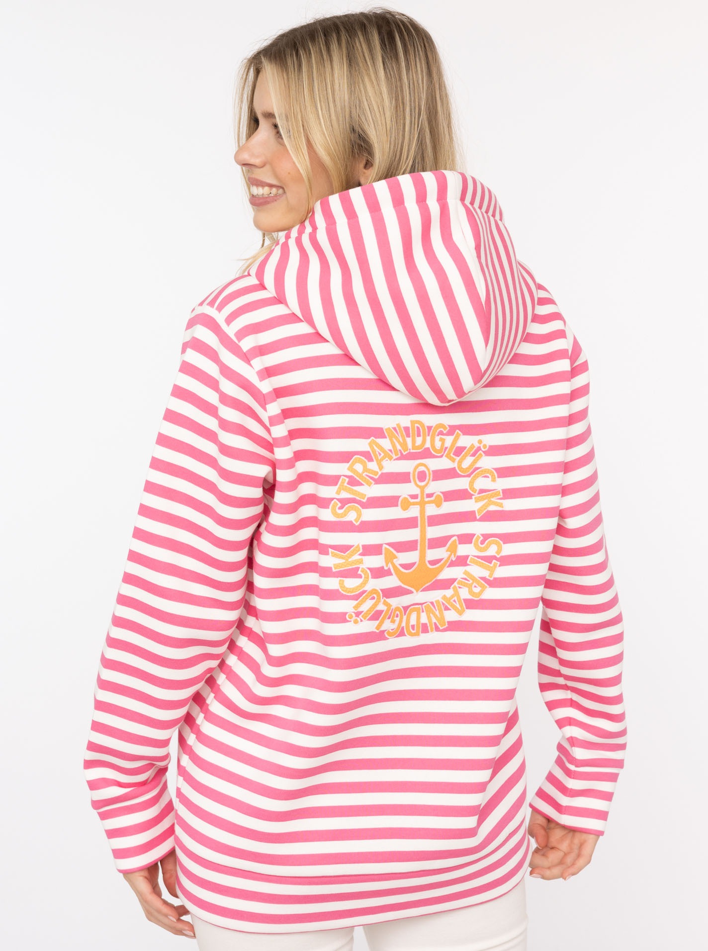 Zwillingsherz Kapuzensweatjacke »"Streifen Strandglück"«, gestreifte Hoodiejacke mit Strandglück Stickerei und Anker am Rücken