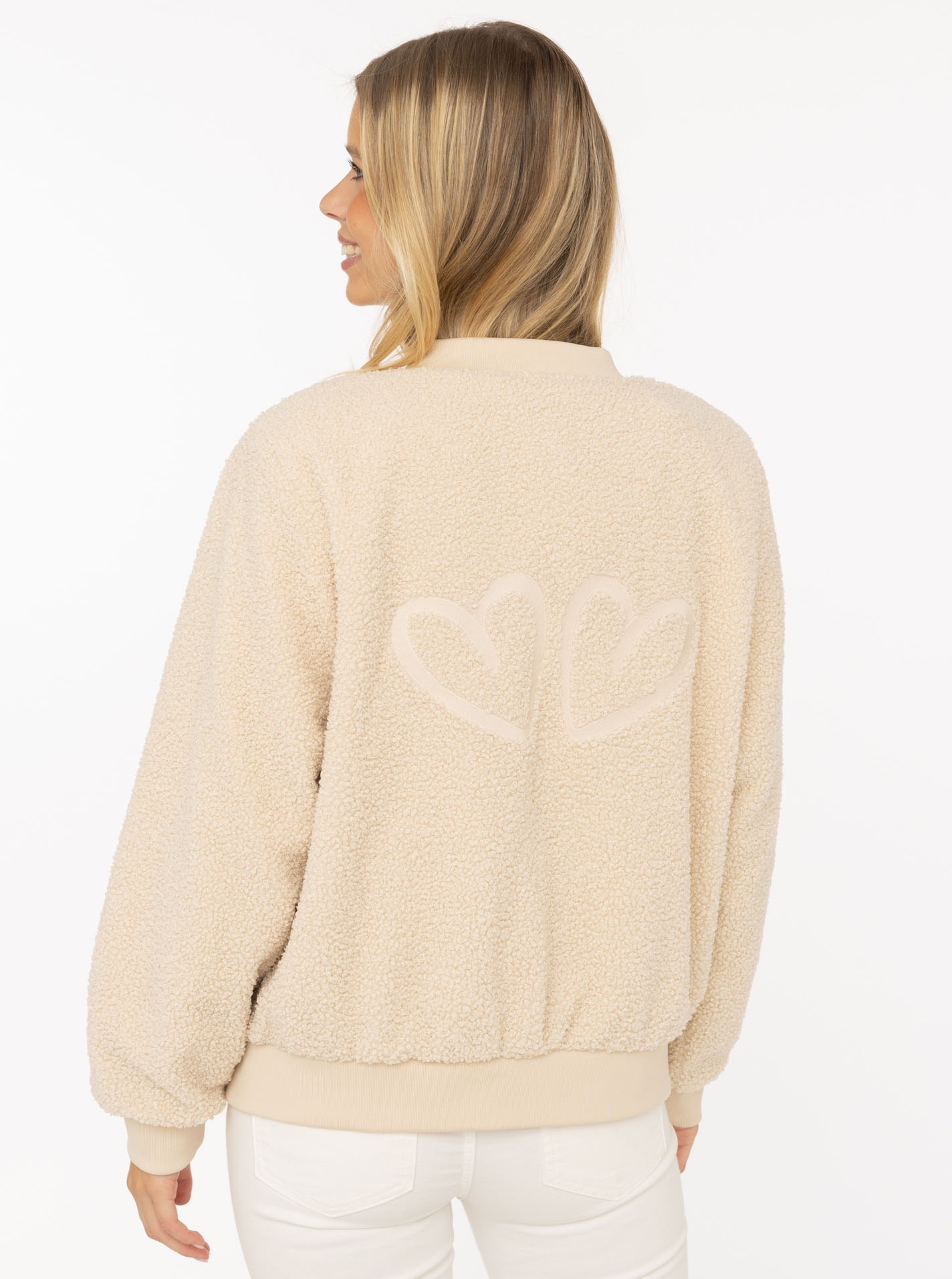 Zwillingsherz Bomberjacke ""Good Vibes"" ohne Kapuze große Herzen auf dem R günstig online kaufen