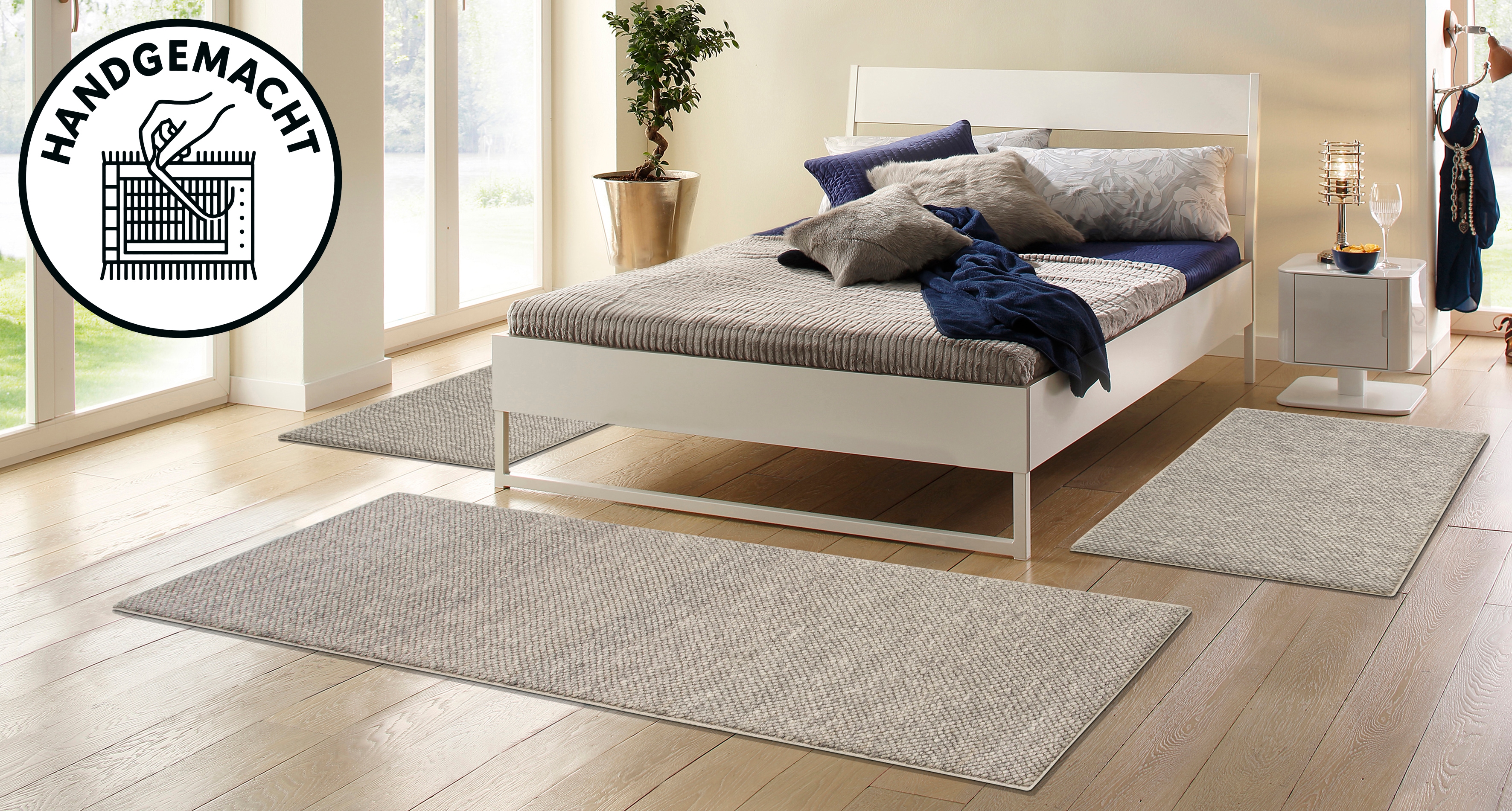 OTTO home Bettumrandung "Wolly, Handweb Teppiche" Höhe 14 mm 3 Stk. tlg. Bettvorleger, Wolle, handgewebt, Läufer-Set Wohnzimmer, Schlafzimmer