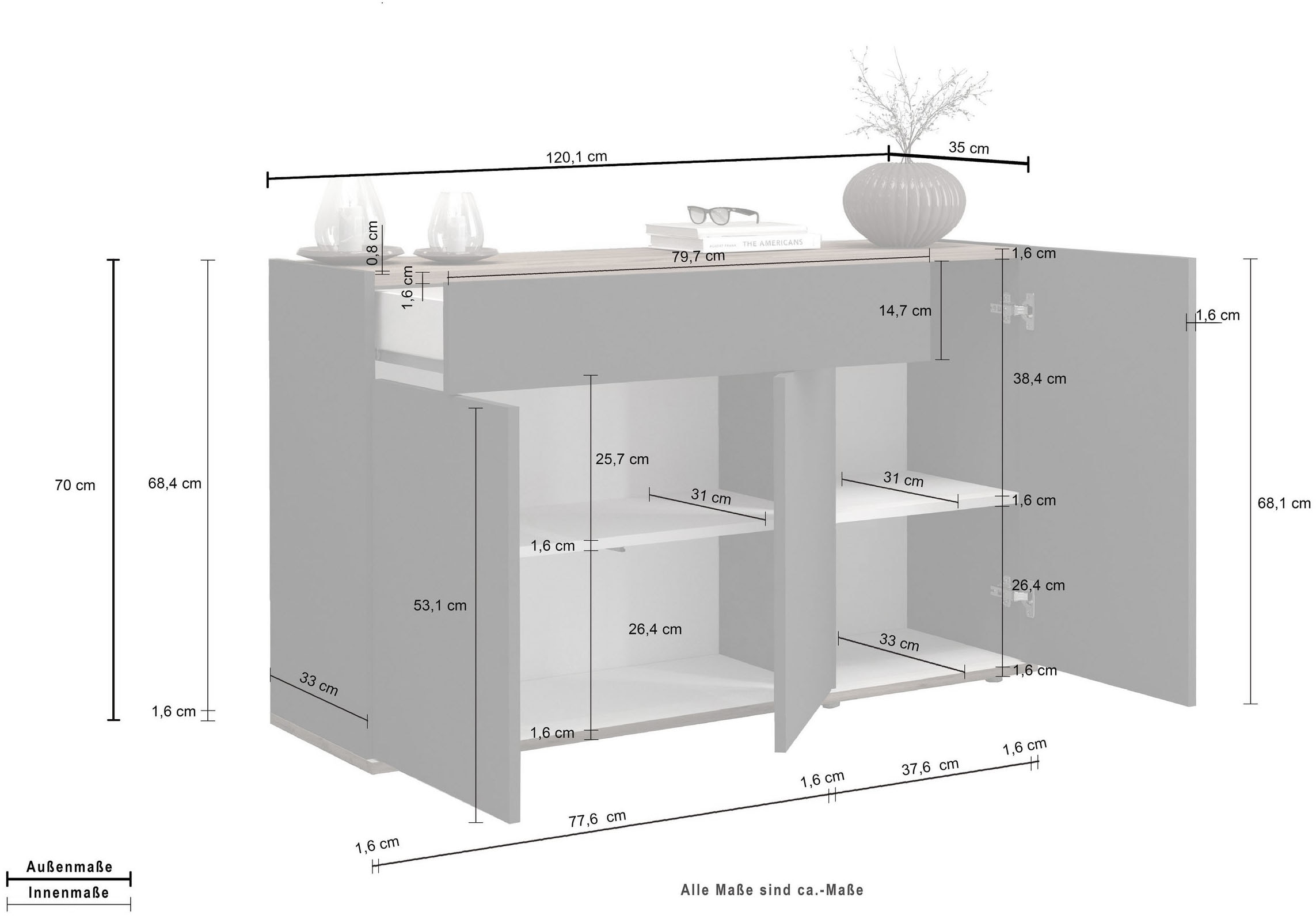 INOSIGN Sideboard »Garda, Kommode, Schrank, Kredenz«, 3 Türen, 1 Schublade, grifflos Breite 120,1 cm