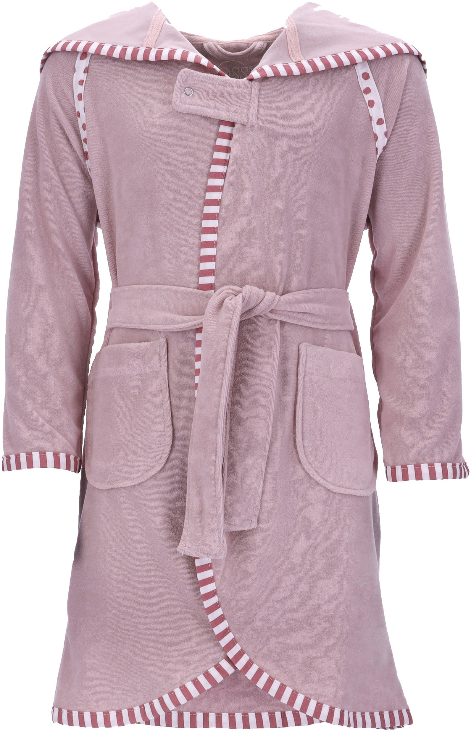 Kinderbademantel VOSSEN, L:64cm, lila, Rundstrickware, Hausmäntel, "Mimmi", für Mädchen & Jungen, mit Kapuze & kontrastfarbigen Einfassung