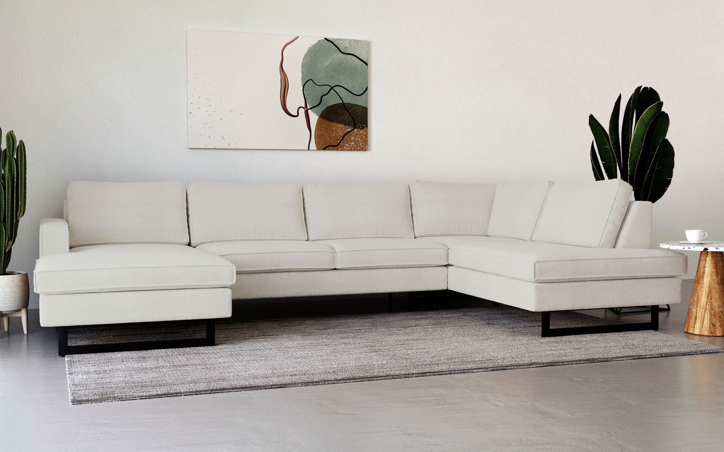 Places of Style Wohnlandschaft »Pinto, 350 cm, U-Form, XXL, mit Ottomanen«, Cord, Chenille, Lederoptik, mit Keder, Metallfüße, Wellenunterfederung