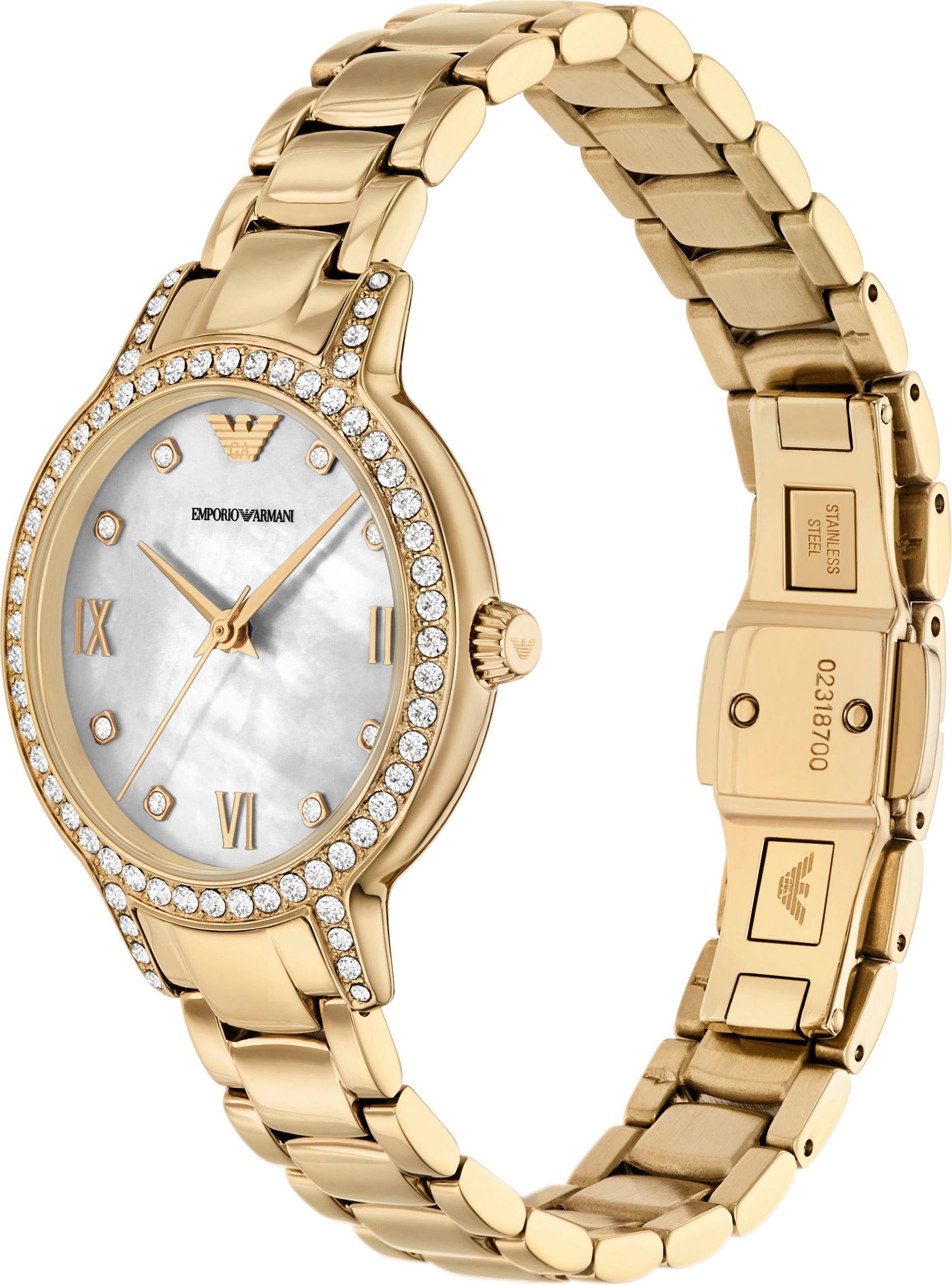 Emporio Armani Quarzuhr, Armbanduhr, Damenuhr, Edelstahlarmband, analog, Glassteine