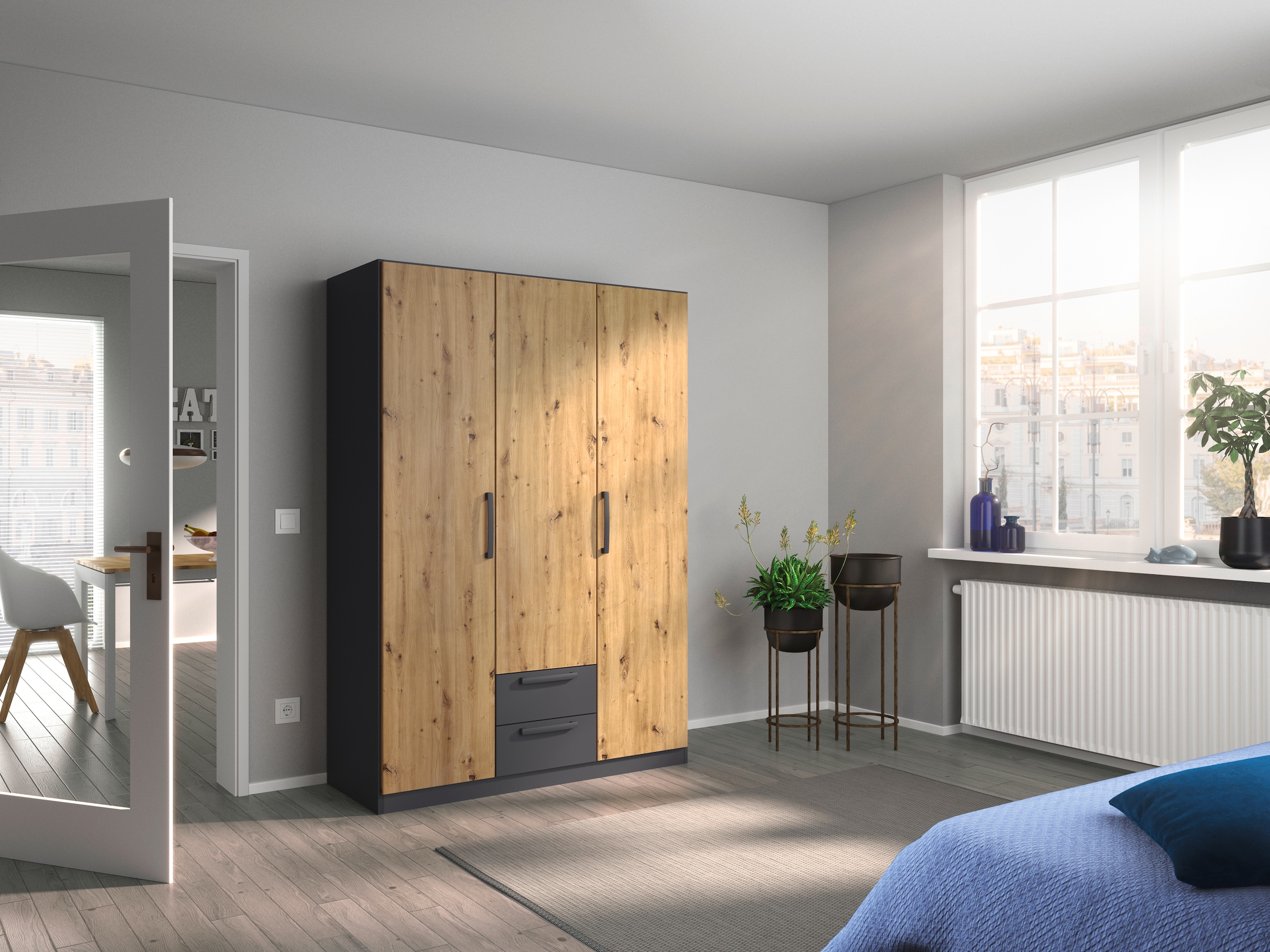 rauch Drehtürenschrank "StyleUp", Typ Dark & Wood mit trendigen farblich abgesetzten Griffen