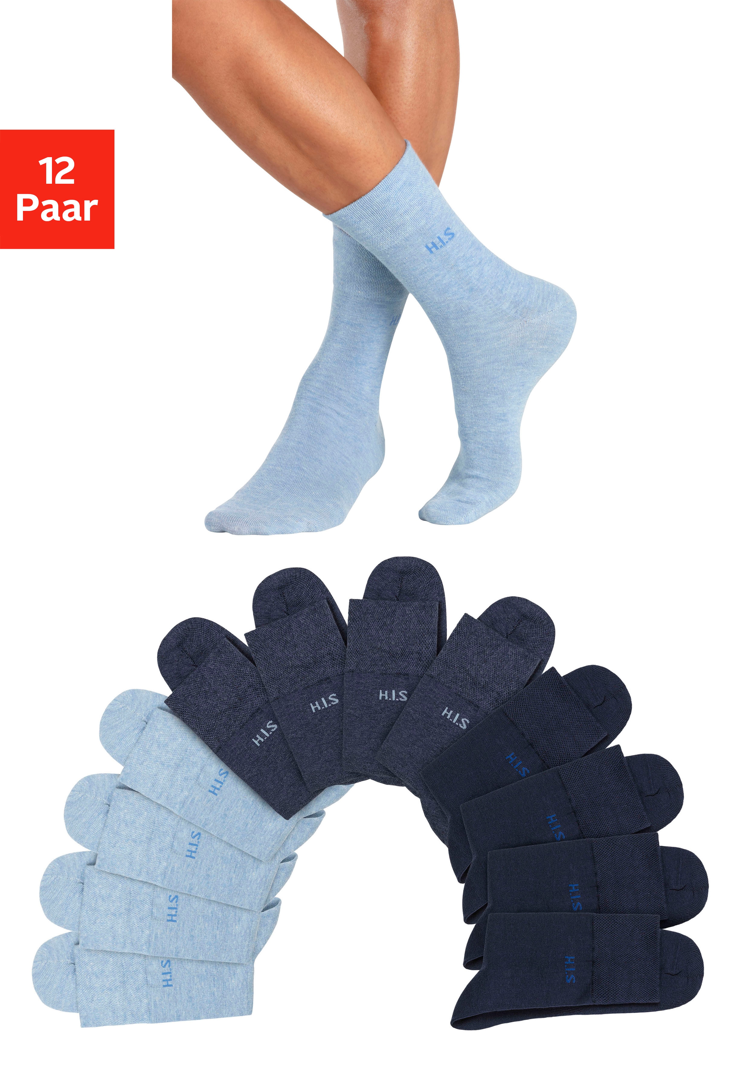 H.I.S Socken "Herren Basic Strümpfe Atmungsaktive Baumwolle, Männersocken Business" Packung, 12 Stk. tlg. ohne einschneidendes Gummi