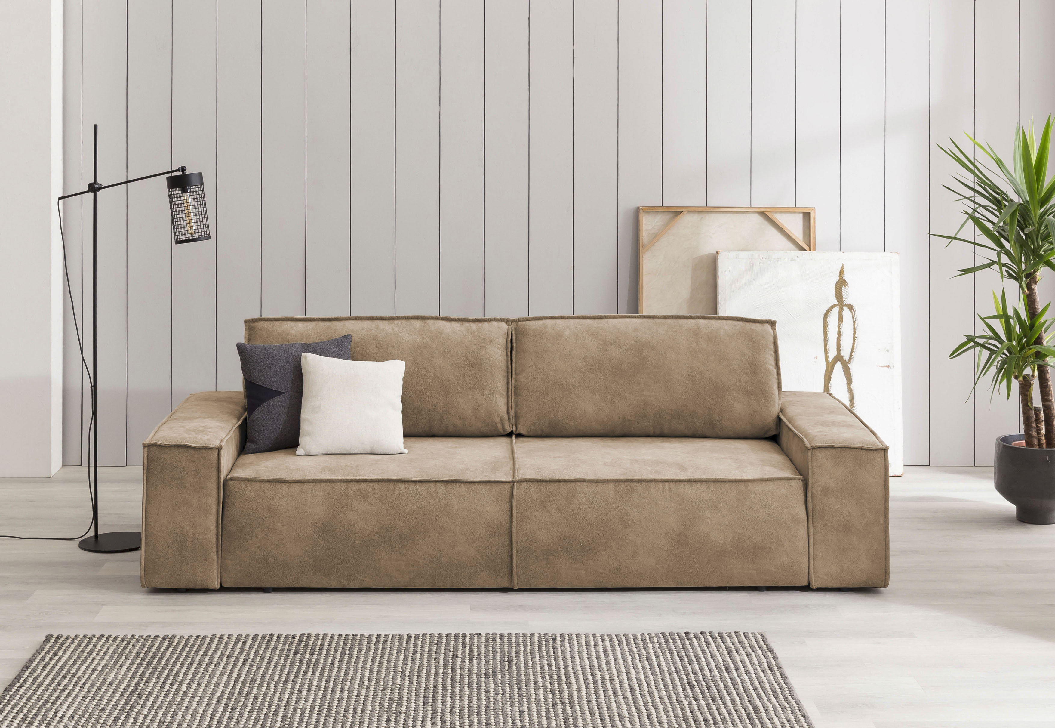 OTTO home 3-Sitzer "SHERWOOD Vintage Lederoptik Schlafsofa (257cm)" Schlaffunktion mit Bettkasten (ca. 136/200cm)