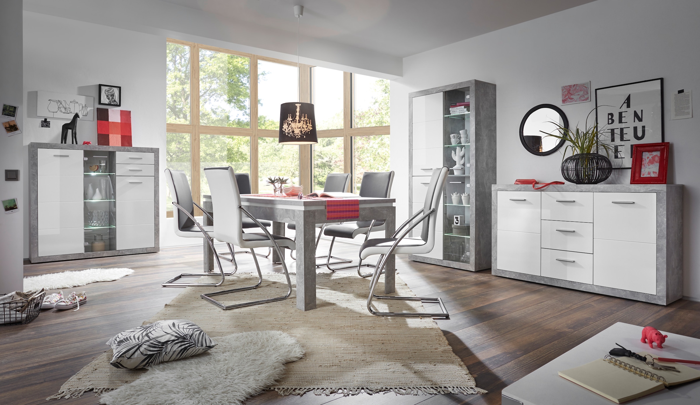 HBZ Sideboard »Stone weiß Hochglanz, Wohnzimmerschrank BxHxT 147x89x37 cm«, (1 St.), Mit 2 Türen, 3 geräumigen Schubkästen, 2 Einlegeböden verstellbar