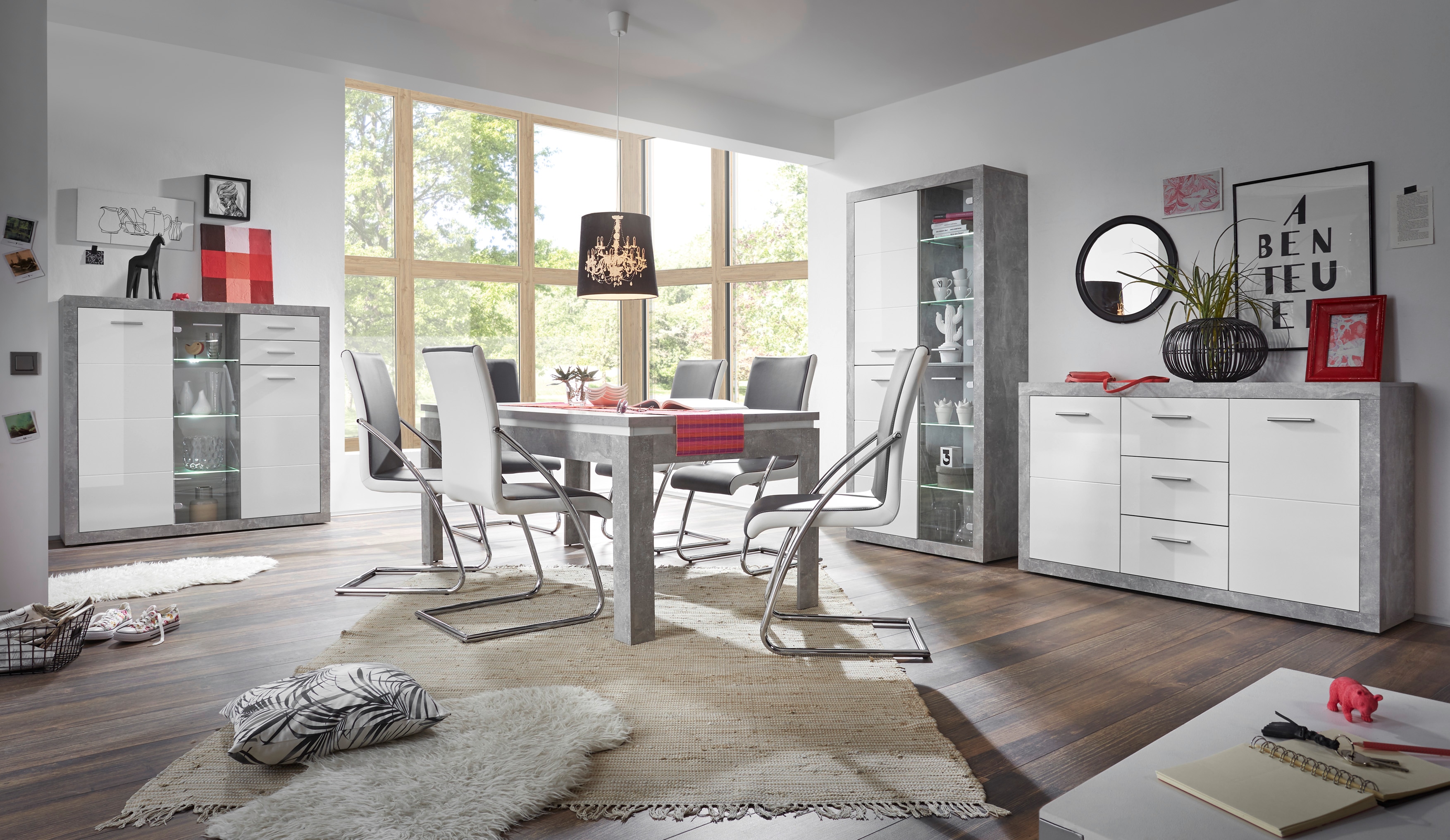 Thumbnail - HBZ Sideboard "Stone weiß Hochglanz, Wohnzimmerschrank BxHxT 147x89x37 cm" 1 Stk. tlg. Mit 2 Türen, 3 geräumigen Schubkä...