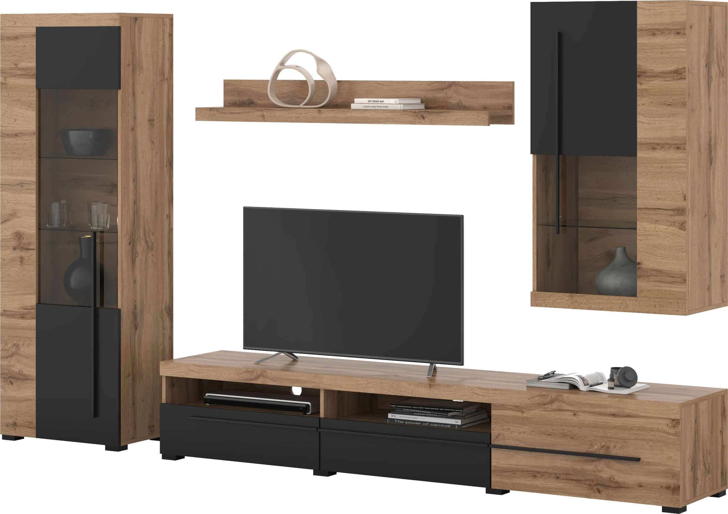 INOSIGN Wohnwand »Roger,Breite 255 cm moderne Mediawand ohne Beleuchtung«, (Set, 4 St.), Anbuwand (Set,4-St) viel Stauraum, Glastüren