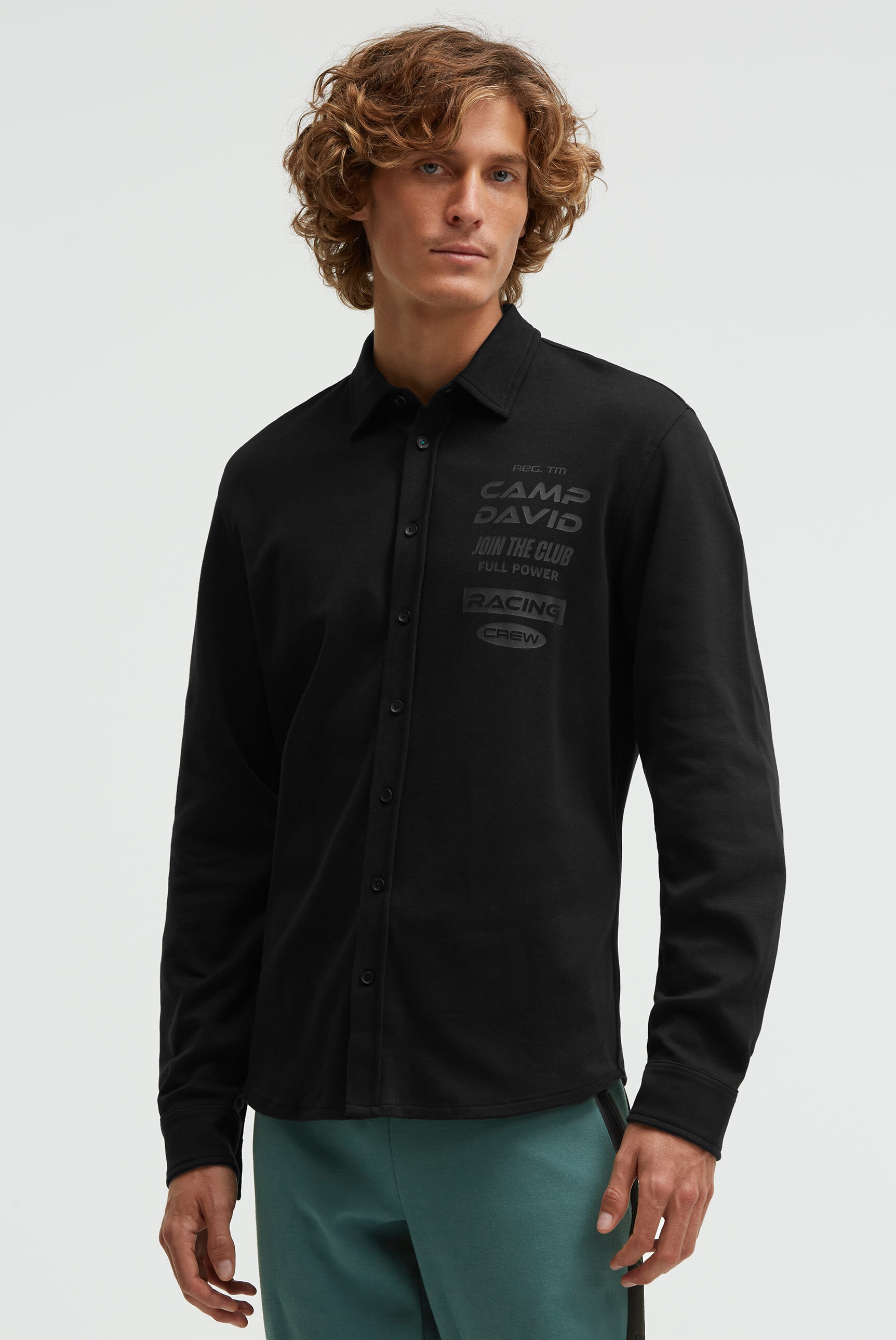 Langarmhemd CAMP DAVID, Herren, Gr. XXL, Normalgrößen, schwarz, Jersey, Material: 100% Baumwolle, bedruckt, figurbetont normal, 1-Knopf-Manschette, Hemden, mit Kentkragen