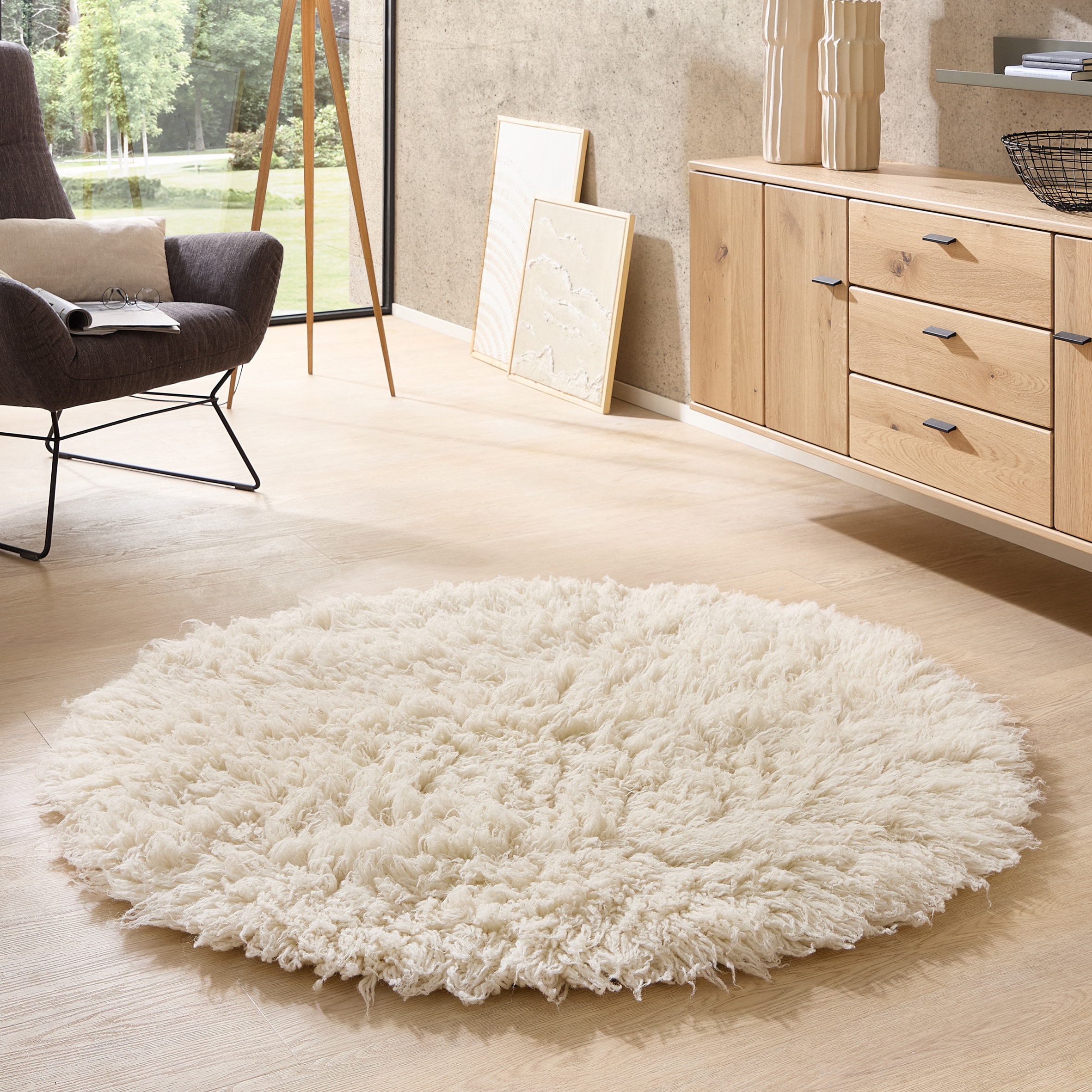 THEKO Wollteppich "Alba Uni" rund 70 mm Höhe original griechischer Flokati, Hochflor, reine Wolle, Unifarben