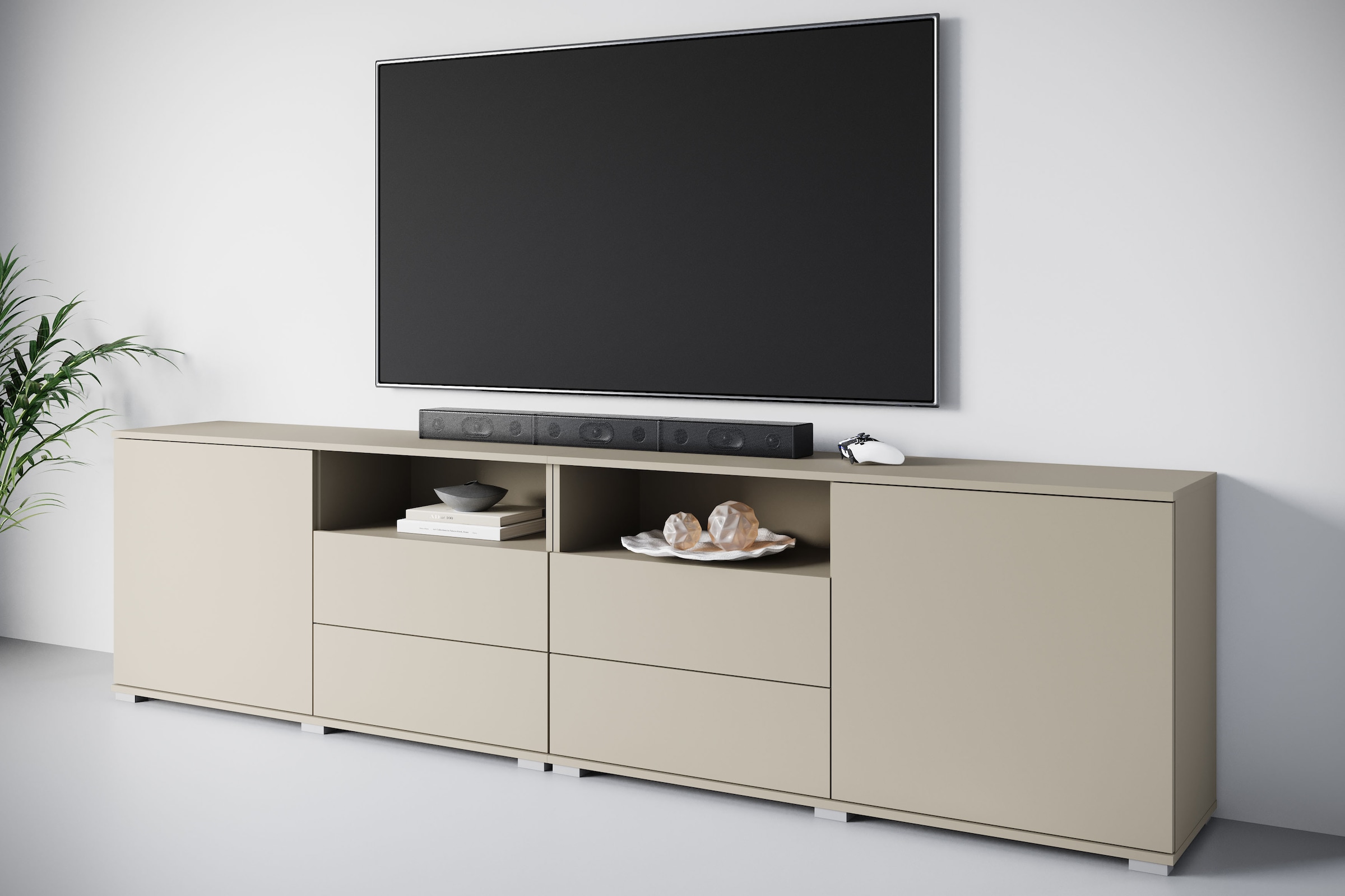 OTTO home Lowboard "Kenia, TV-Schrank, 240 cm breit, mit 2 Türen und 4 Schubladen" 1 Stk. tlg. Höhenverstellbare Einlegeböden und offene Ablagefächer
