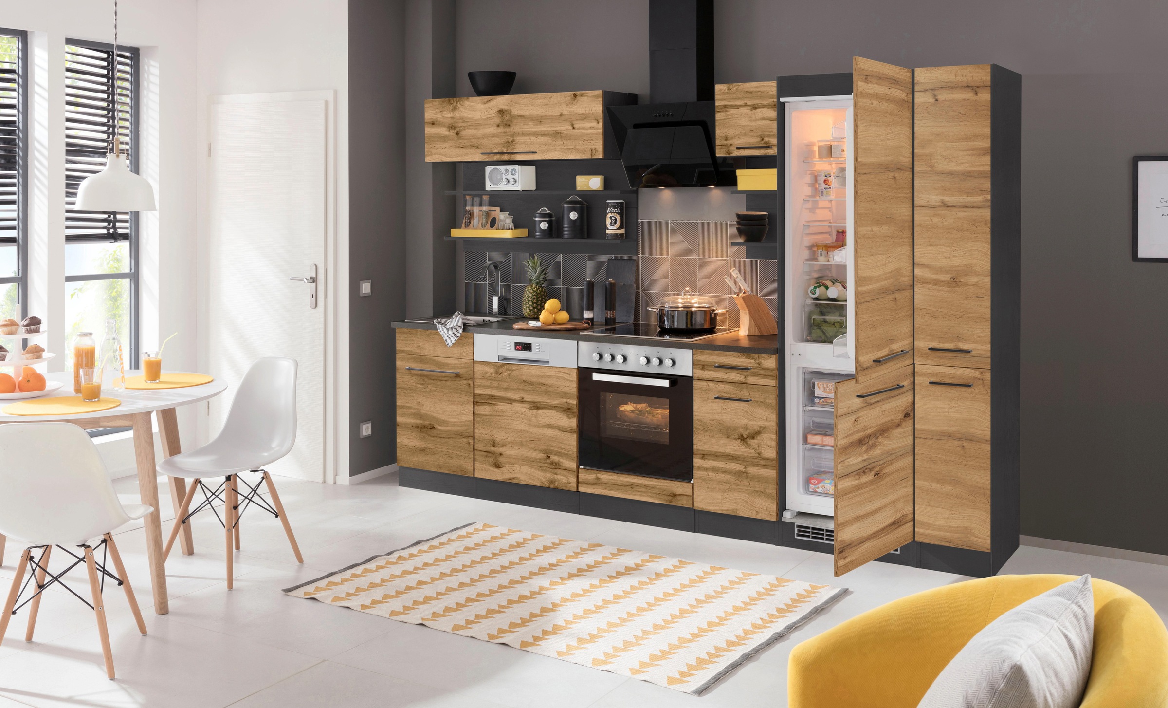 KOCHSTATION Küchenzeile »KS-Tulsa«, ohne E-Geräte, Breite 300 cm, schwarze Metallgriffe, MDF Fronten
