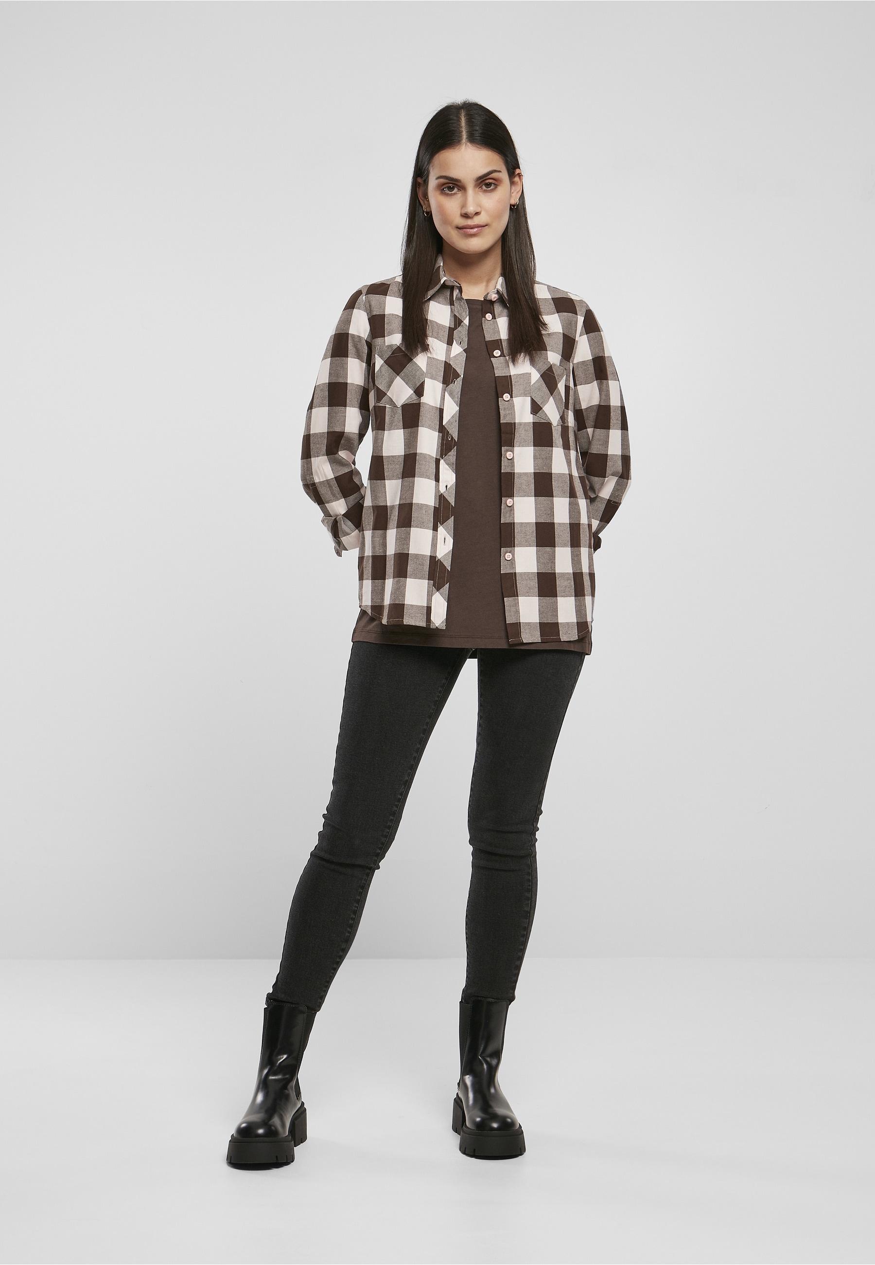 URBAN CLASSICS Kurzarmshirt »Urban Classics Damen Ladies Turnup Checked Flanell Shirt« 1 Stk.