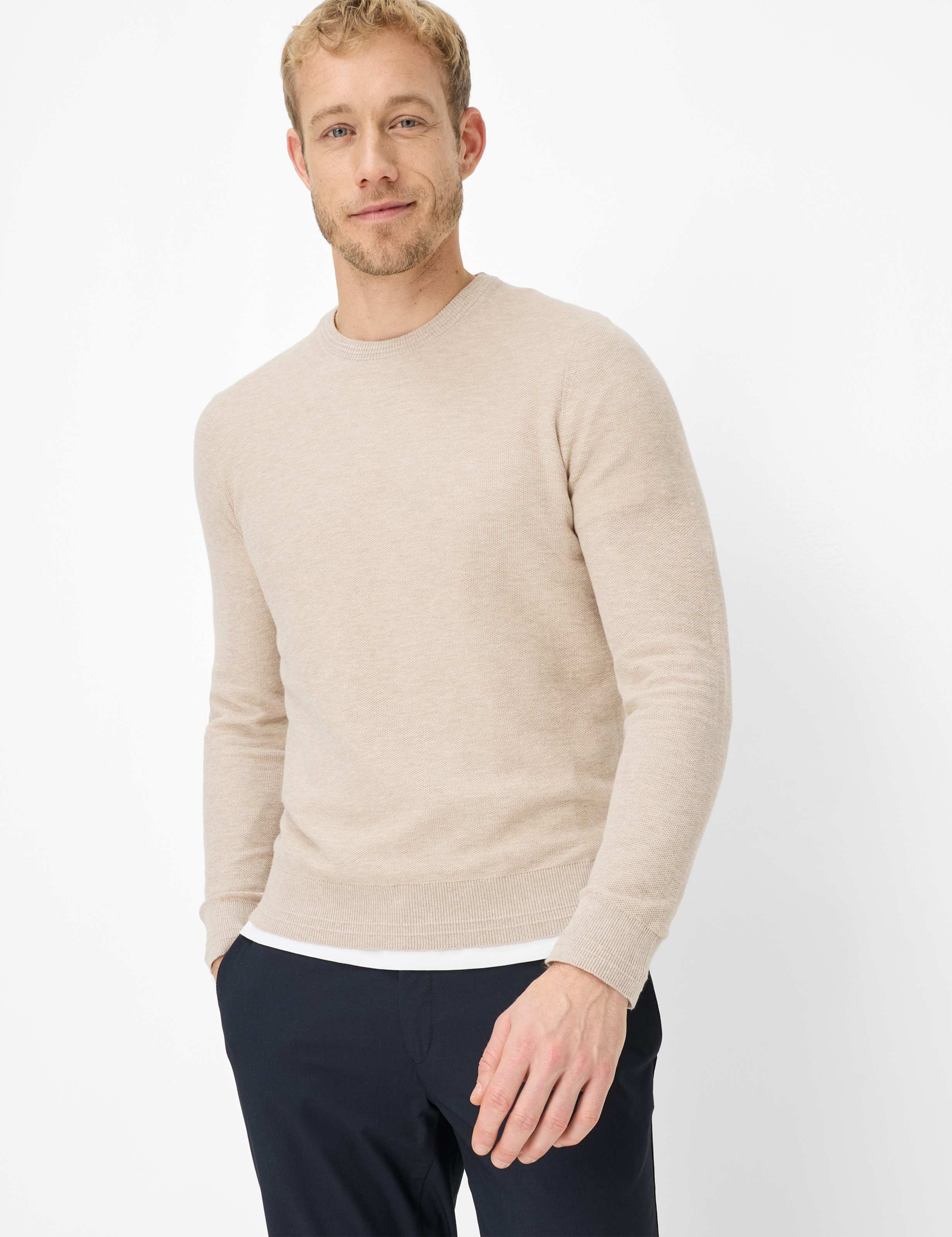 Rundhalspullover BRAX "Style RICK", Herren, Gr. XXL (56), beige, Strick, 44% Baumwolle, 36% Leinen, 20% Polyester, Rundhals, Pullover Rundhalspullover
