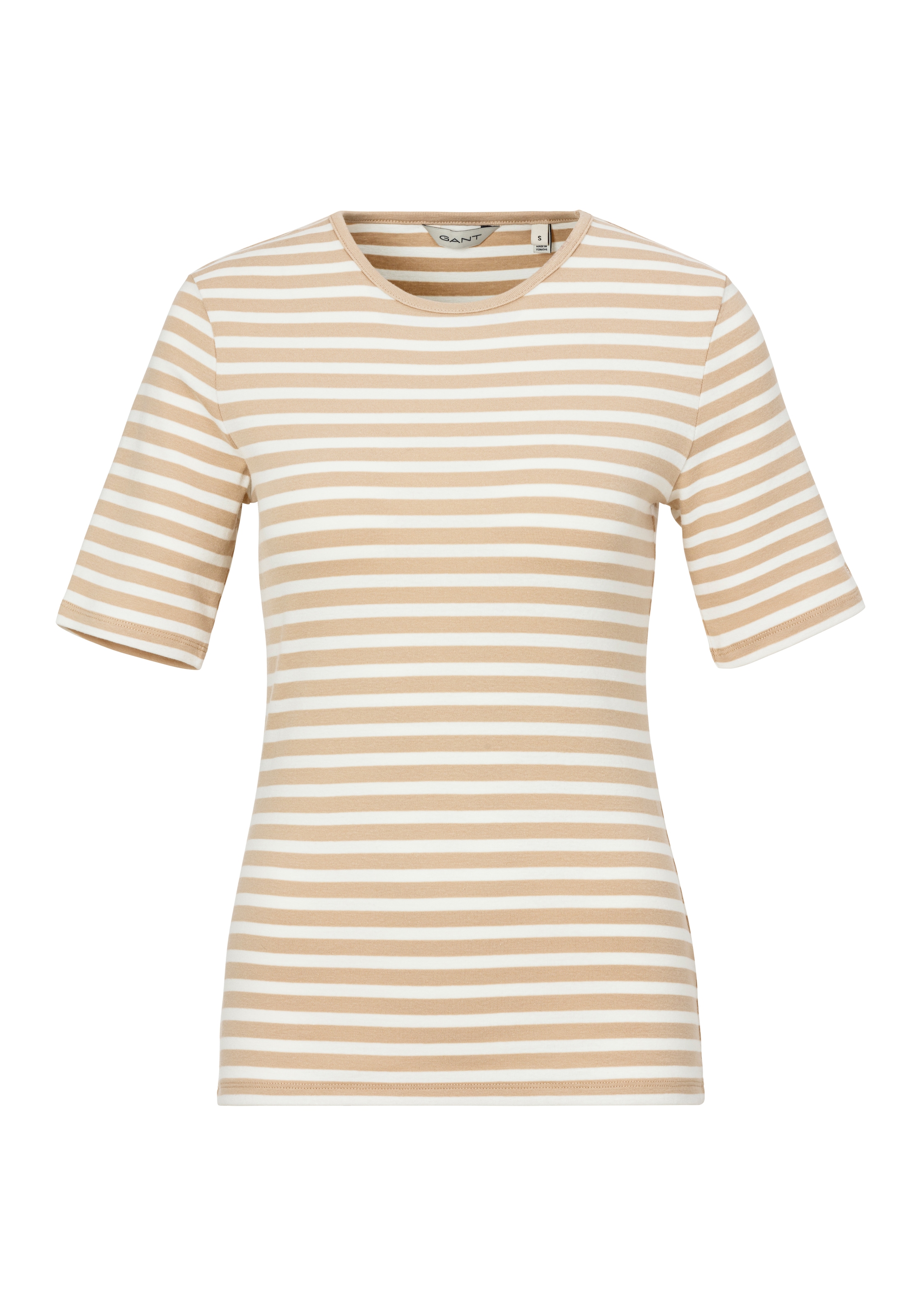 Gant T-Shirt »SLIM STRIPED 1X1 RIBBED KA T-SHIRT«, mit dezentem Logoschriftzug am Ärmelabschluss