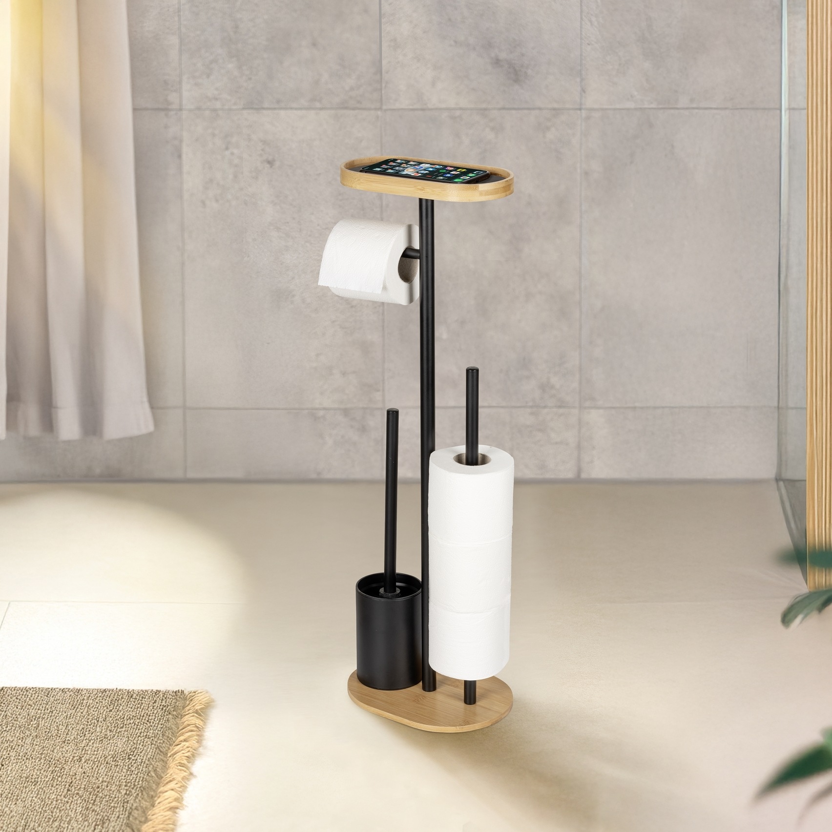 WENKO WC-Garnitur "Pomarolo" aus Bambus  Stahl 4 in 1, mit WC-Bürste, Rolle günstig online kaufen