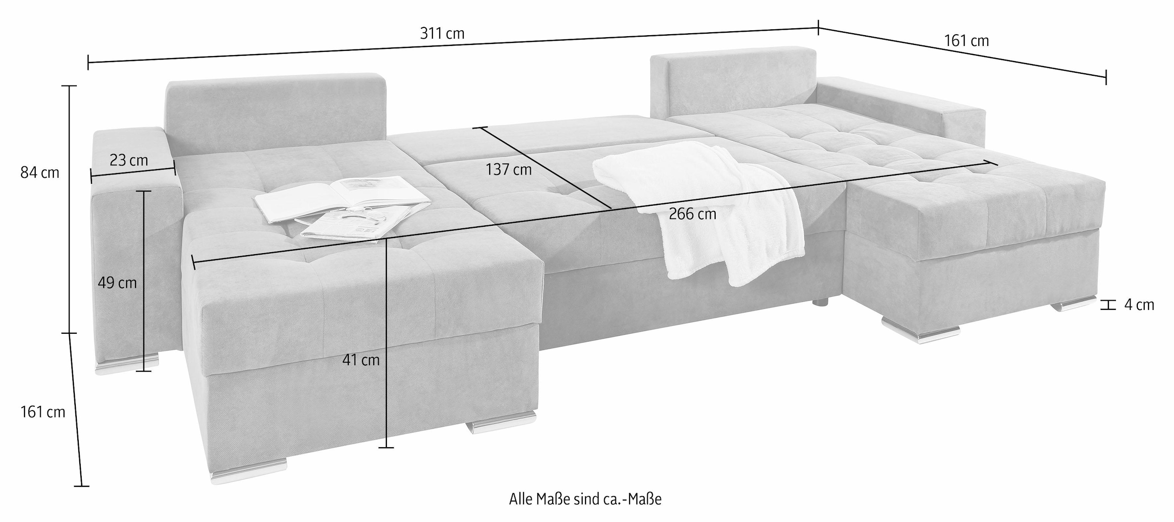 COLLECTION AB Wohnlandschaft »XL-Josy U-Form, Breite 313 cm, Flachgewebe, Struktur, Kunstleder«, inkl. Bettfunktion, Bettkasten, mit 4 gleich großen Rückenkissen