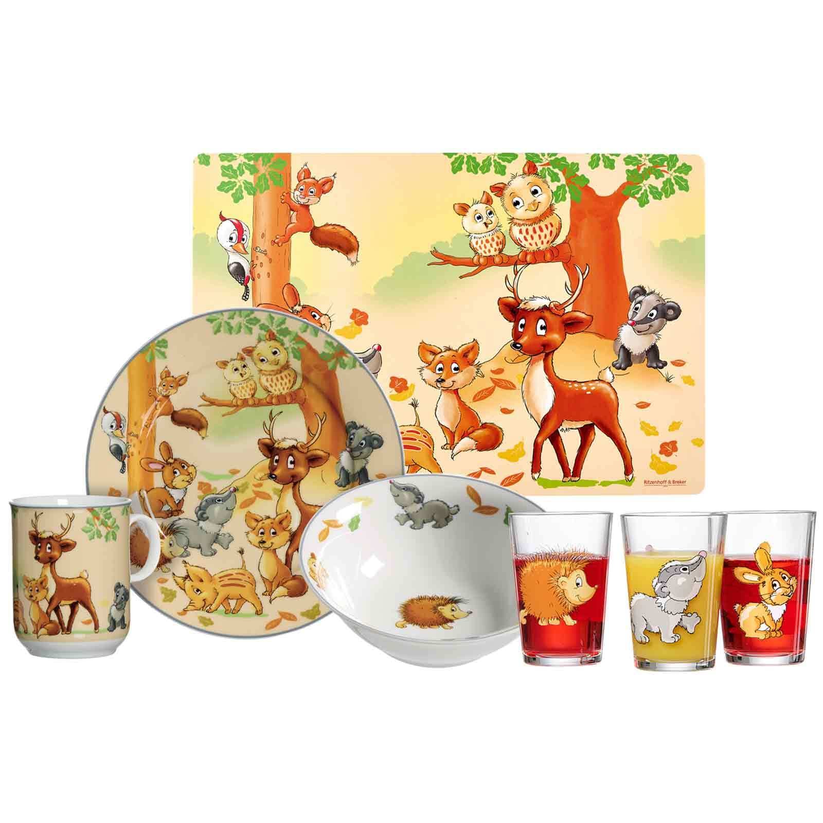 Ritzenhoff & Breker Kindergeschirr-Set "Geschirr-Set mit Kinderbecher Waldtiere 7er Set bunt" Spülmaschinengeeignet