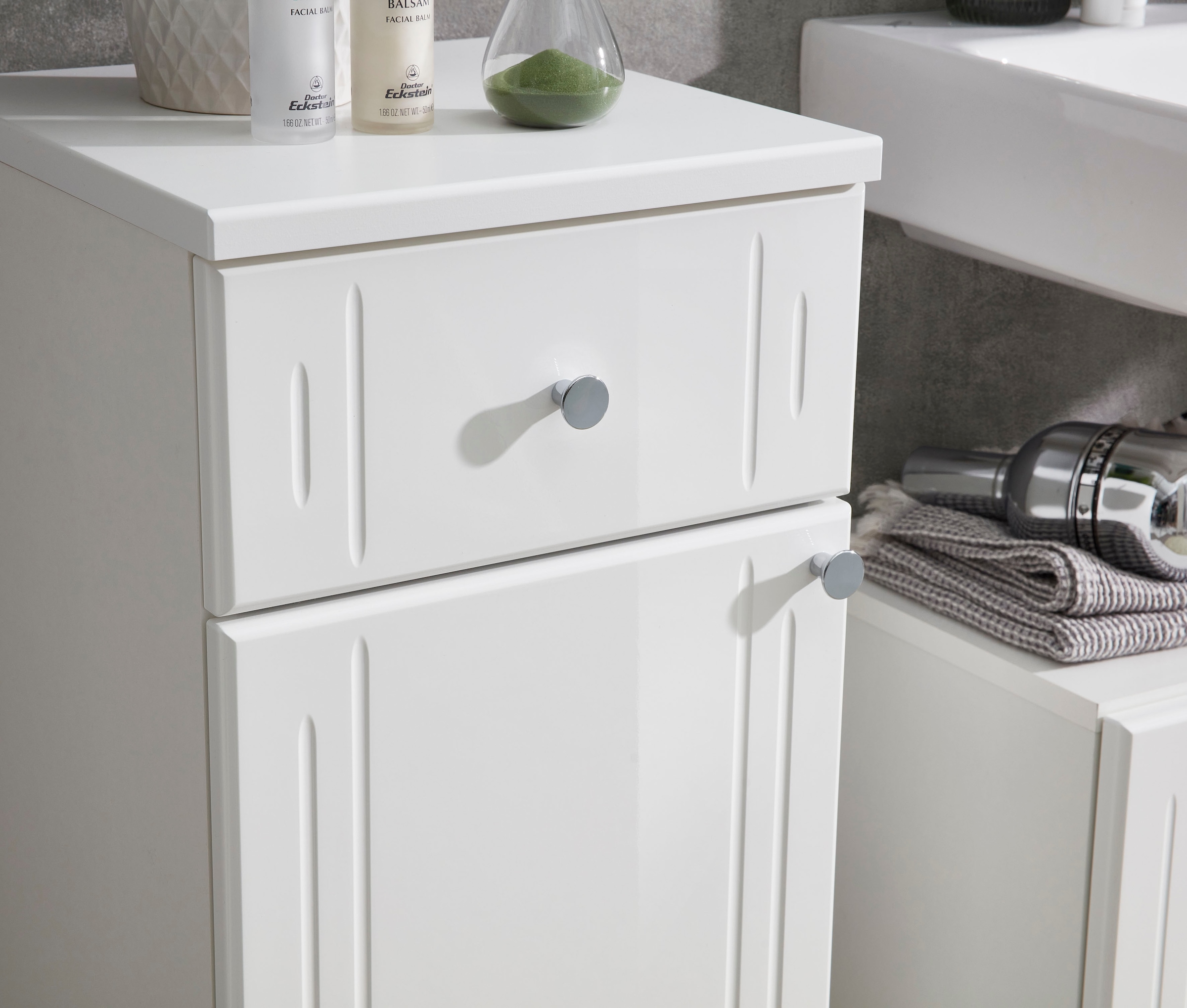 Saphir Unterschrank »Quickset 955 Badschrank mit 1 Tür, 1 Schublade, 32,5 cm breit«, Badezimmer-Unterschrank in Weiß Hochglanz, Griffe Chrom Glanz