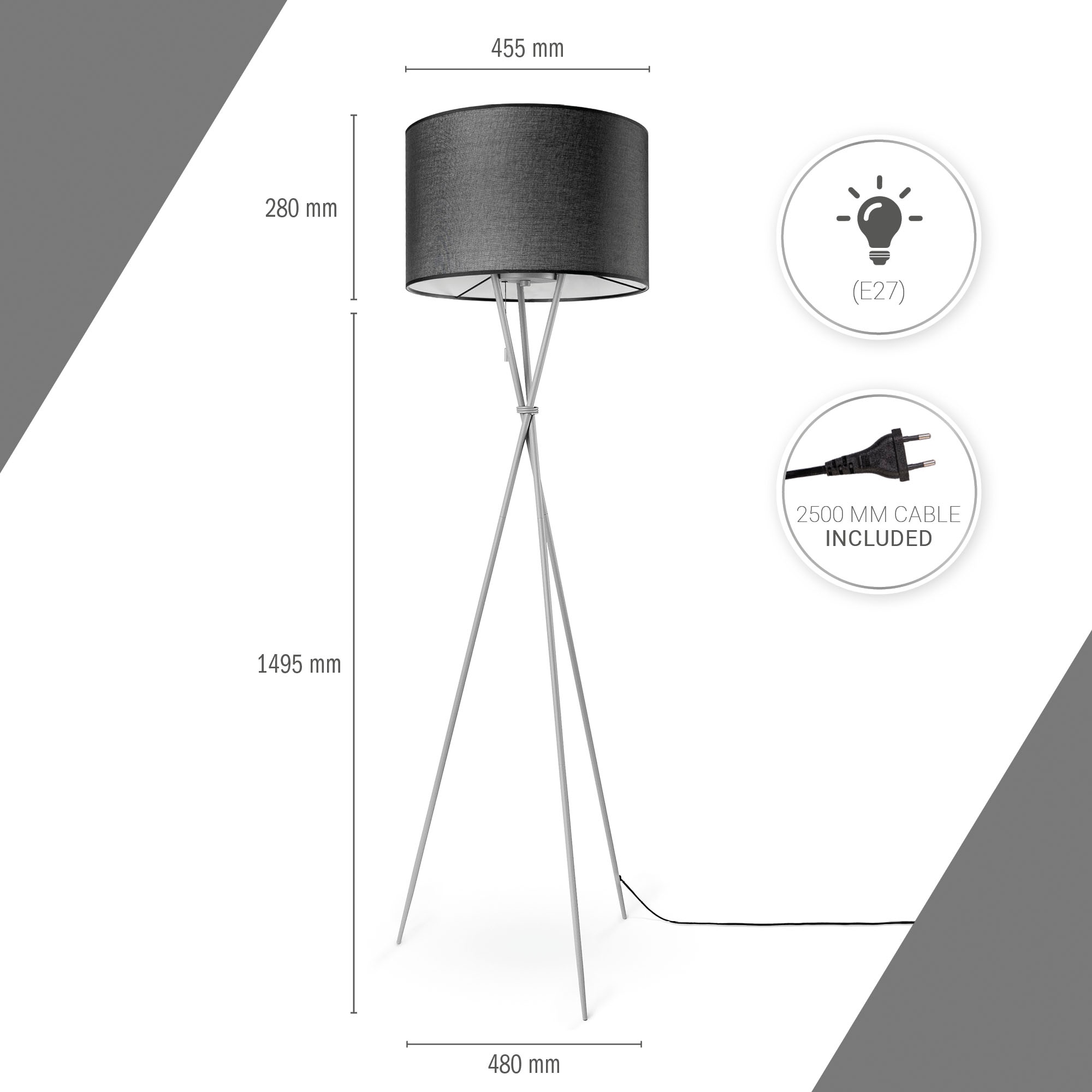 Paco Home Stehlampe »KATE CANVAS UNI COLOR«, Leuchtmittel E27 | ohne Leuchtmittel, Wohnzimmer Dreibein Stoffschirmlampe Standleuchte Textil Schirm E27
