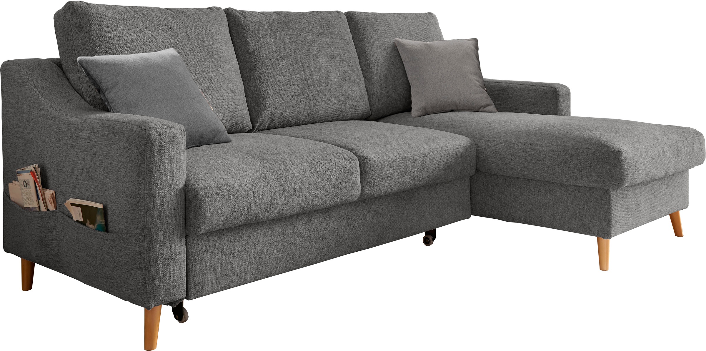 INOSIGN Ecksofa »Valentina L-Form«, 2 Zierkissen, mit Seitentasche, ausziehbarer Liegefläche, Bettkasten