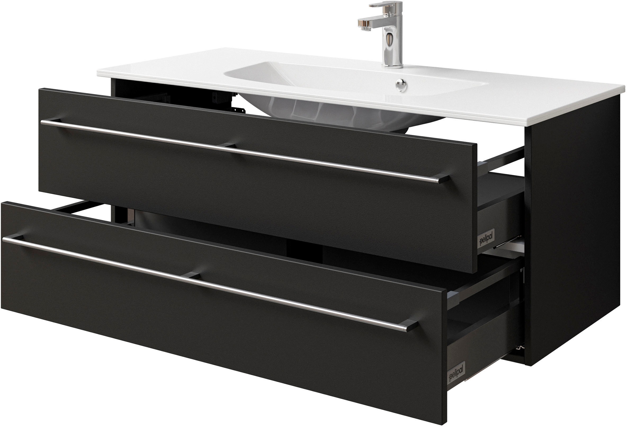 Saphir Badmöbel-Set »Serie 6025 2-teilig Mineralmarmor-Waschtisch mit LED-Spiegelschrank«, (2 St.), Waschplatz 117cm breit, 2 Schubladen, 3 Spiegel-Türen, inkl Türdämpfer