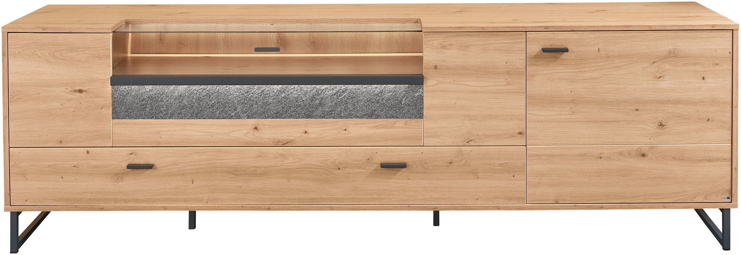 set one by Musterring TV-Schrank »Deltona«, inkl. LED-Beleuchtung, Metallkufe, Glasklappe, B214 x H 67 cm