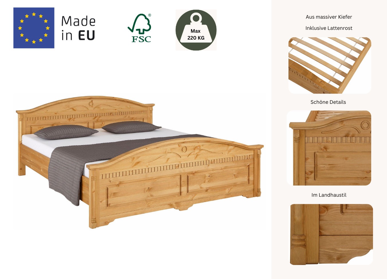 Home affaire Massivholzbett »Graz, hohe Belastbarkeit, klassischer Landhausstil, FSC® zertifiziert«, (Breite/Belastbarkeit 180cm/220 KG, 90cm/=120KG), mit dekorativen Fräsungen, inklusive Lattenrost