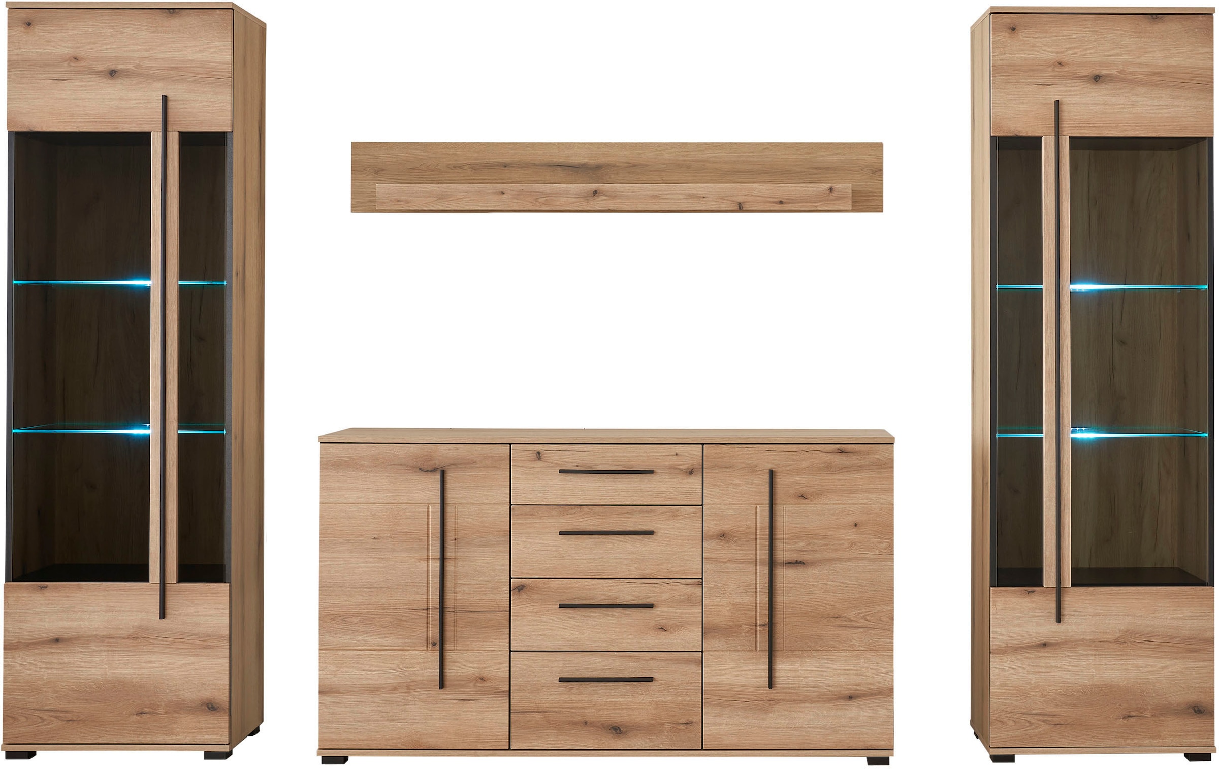 INOSIGN Wohnwand »Cantara, moderne Anbauwand, Wohnzimmer-Set, in Eiche Evoke oder Weiß«, (Set), enthält zwei Vitrinen, ein Sideboard und ein Wandboard